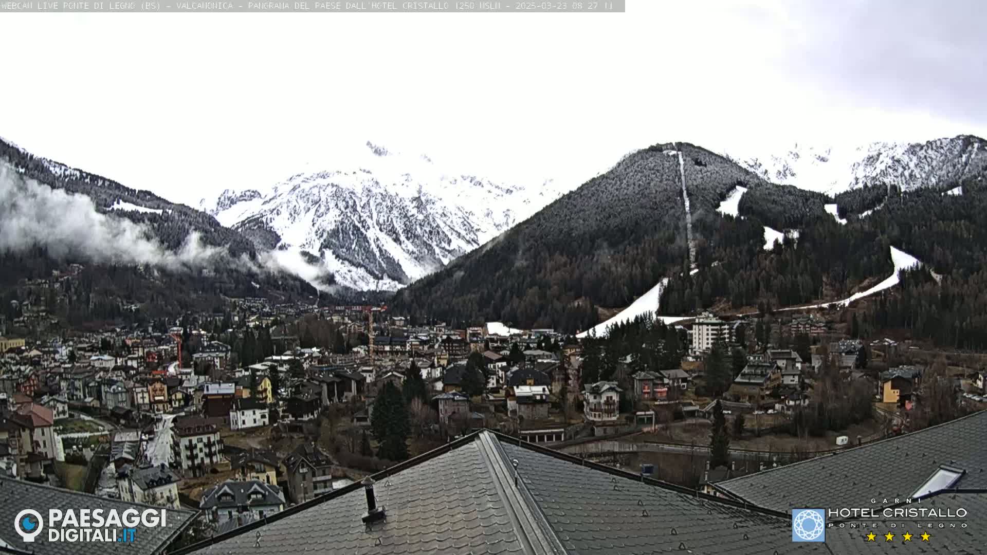 A snow-dusted mountain town nestled in a valley, with snow-capped mountains in the background and a cloudy sky overhead.