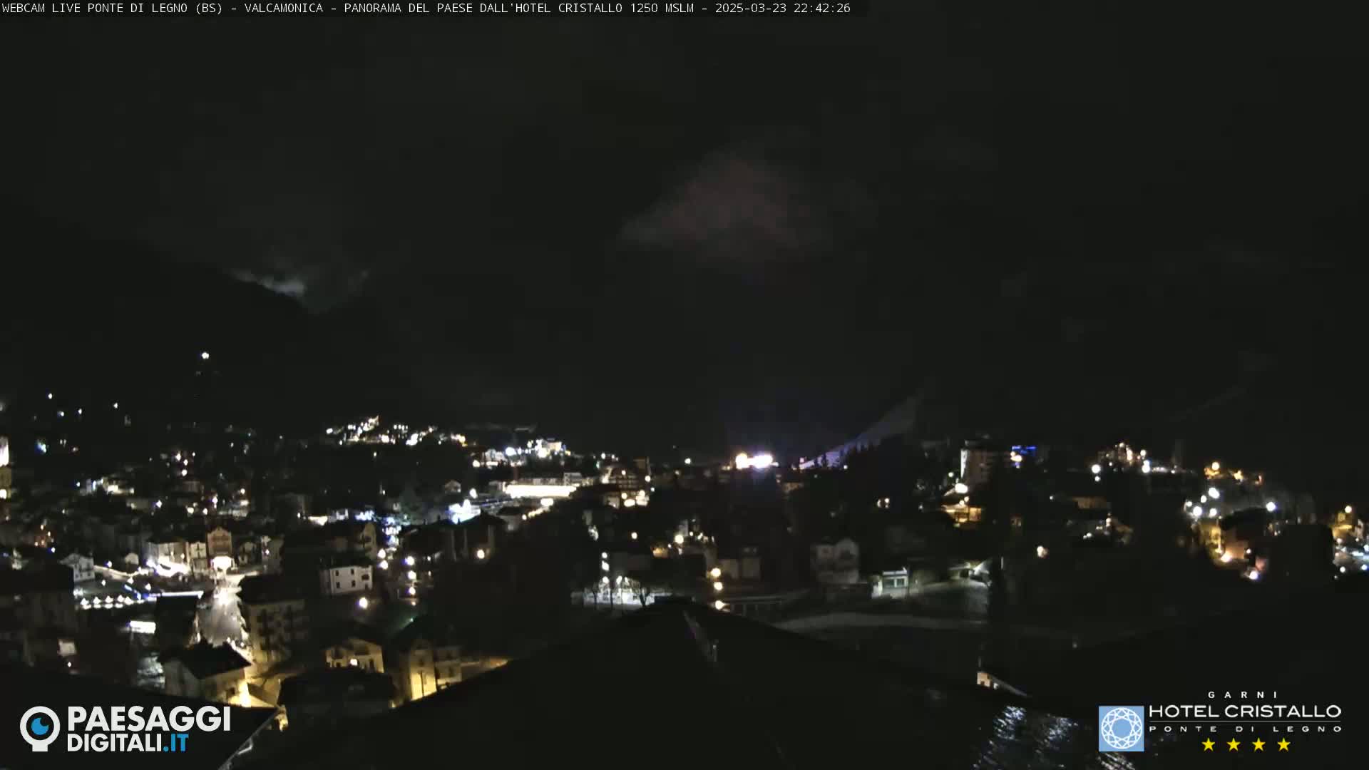 A nighttime view of a town nestled in a valley, with dark clouds overhead and lights illuminating the buildings below.