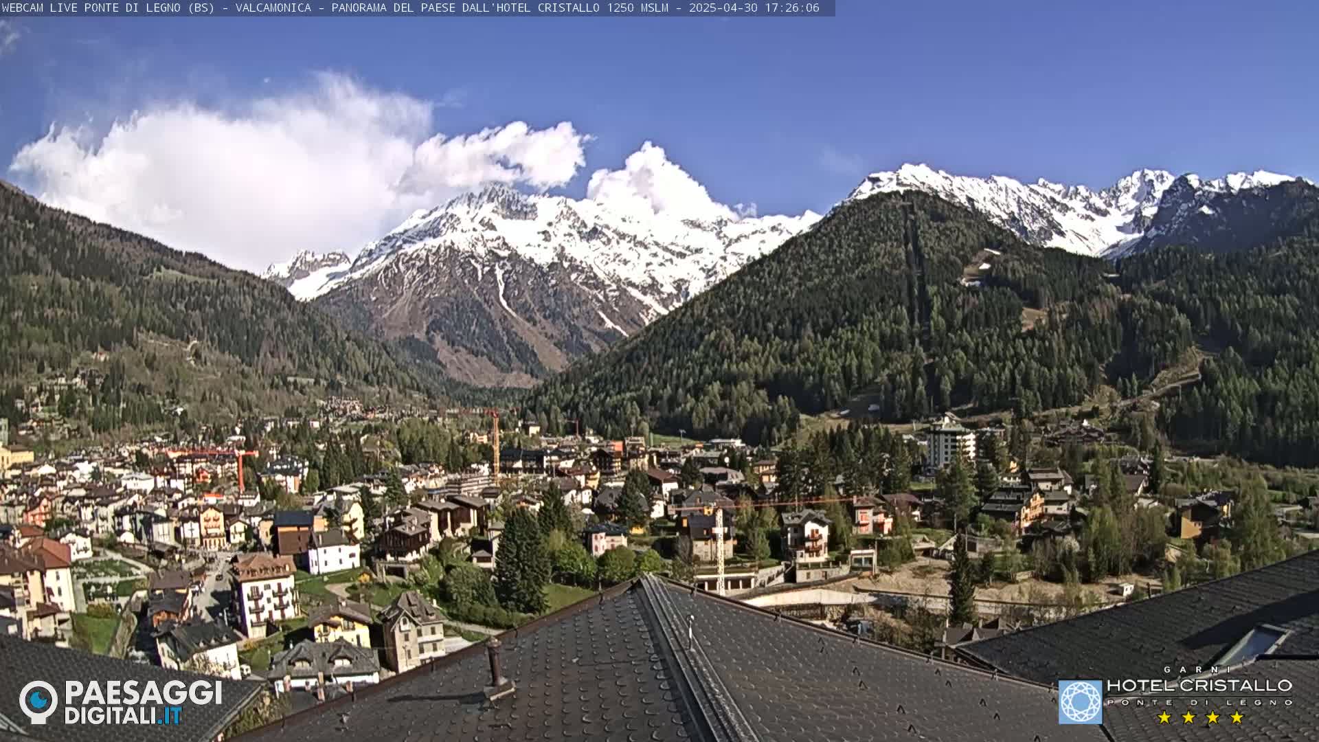 A partly cloudy day reveals a snow-capped mountain range overlooking a town nestled in a valley of green trees.