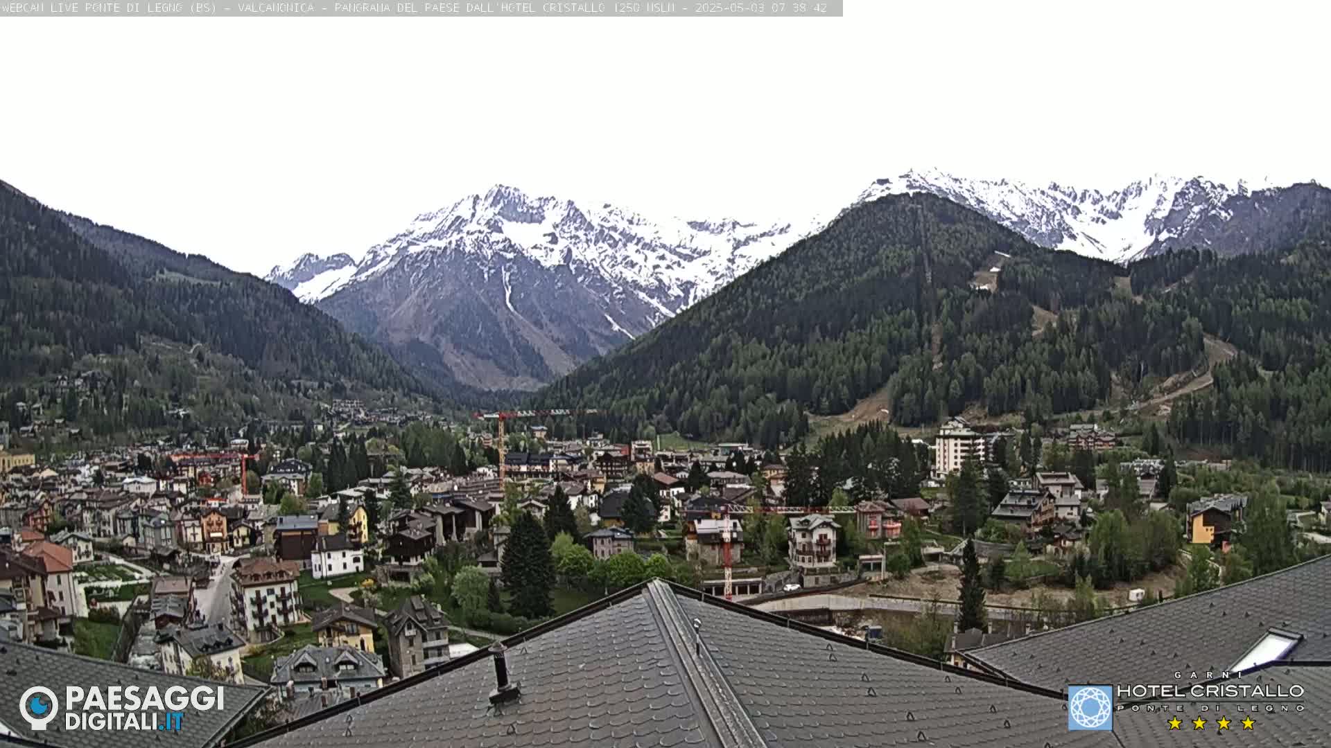 A mountain town nestled in a valley, surrounded by snow-capped mountains under a mostly clear sky.