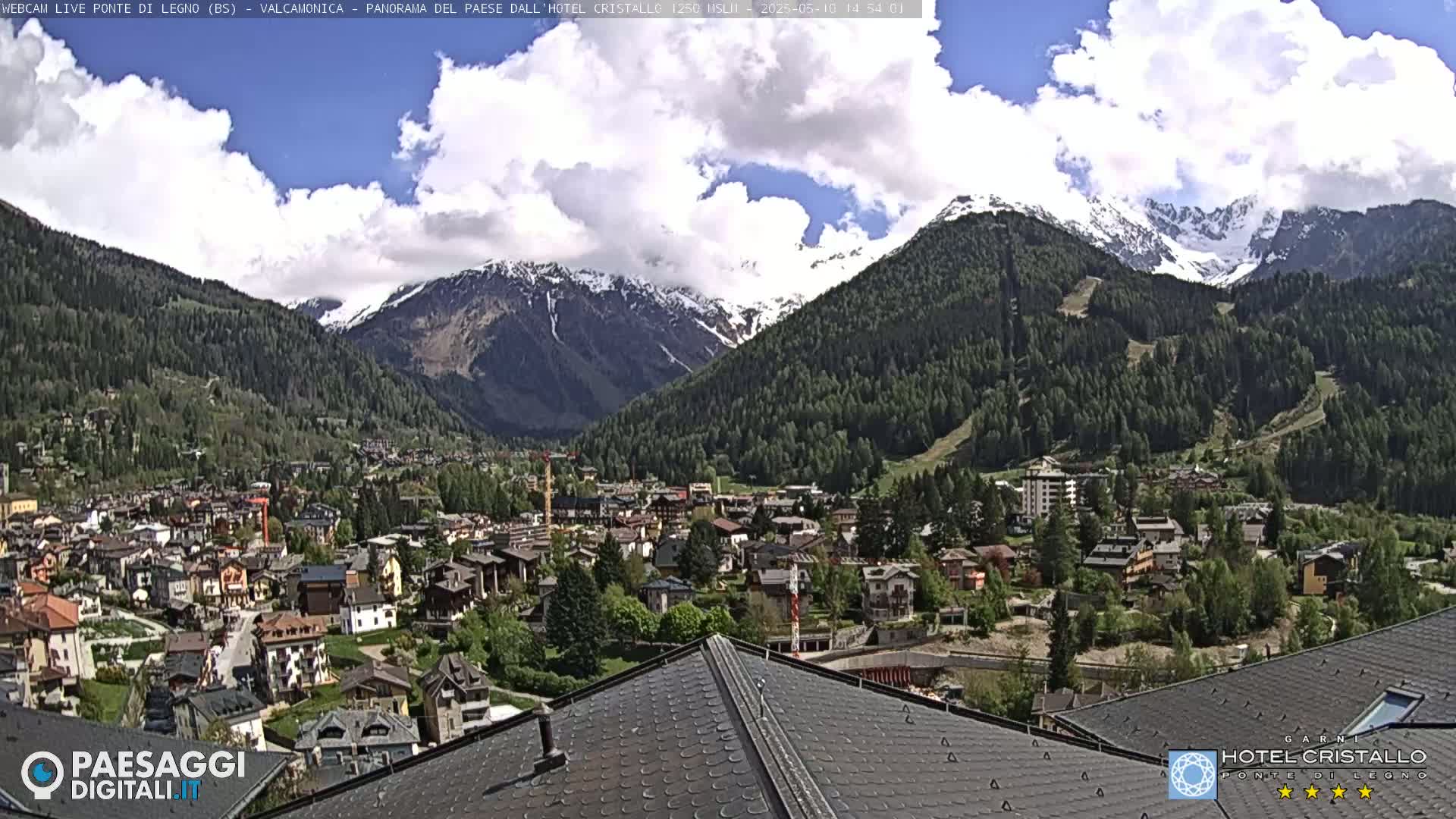 A partly cloudy day reveals a mountain village nestled in a valley, surrounded by snow-capped mountains and lush green forests.