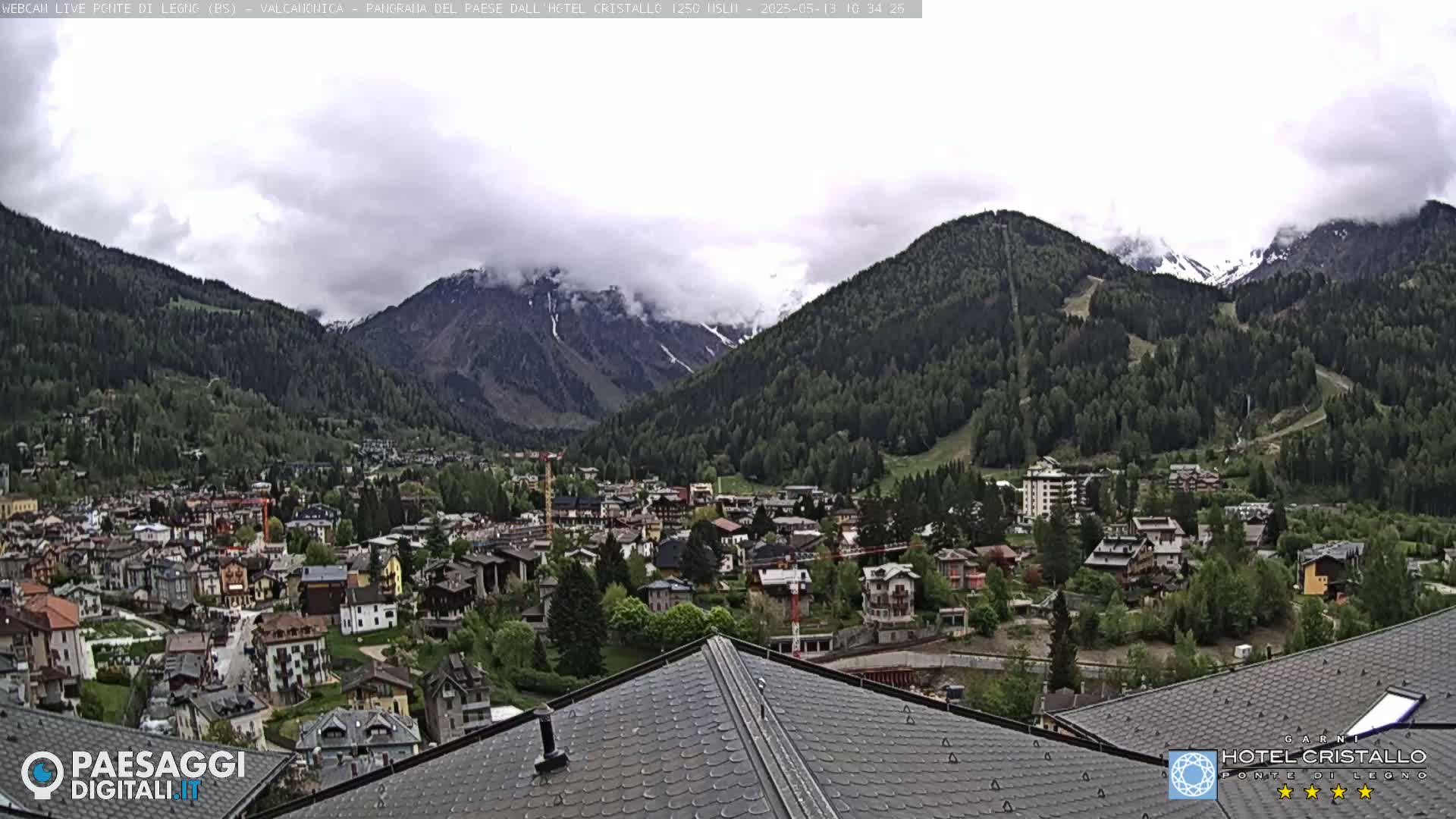 A mountain village nestled in a valley between snow-capped peaks under a cloudy sky.