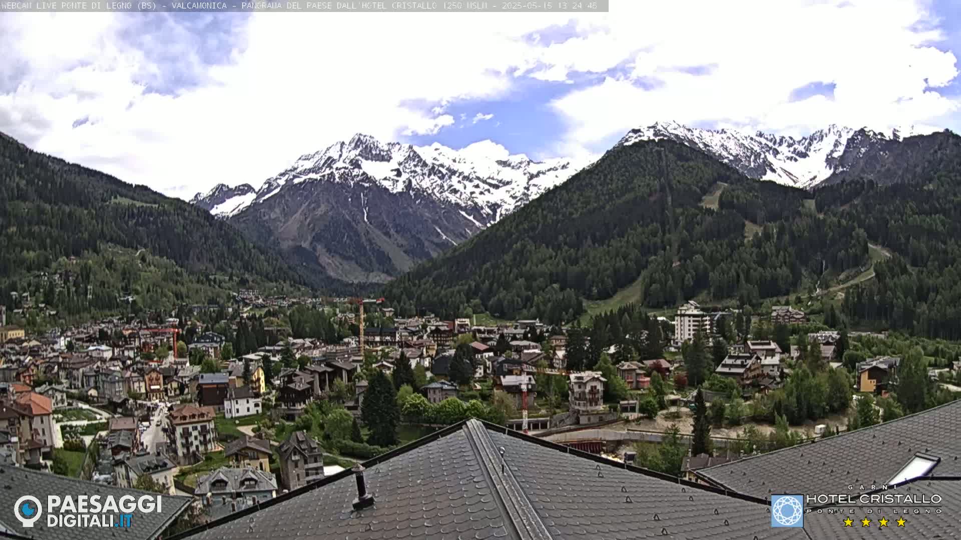 A partly cloudy day reveals a mountain valley town nestled below snow-capped mountains.