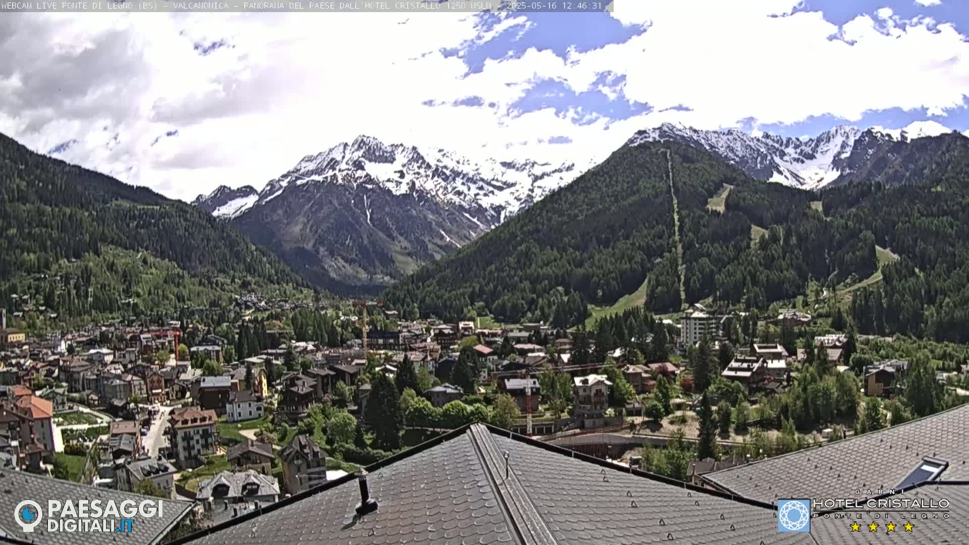 A mountain village nestled in a valley below snow-capped mountains on a partly cloudy day.
