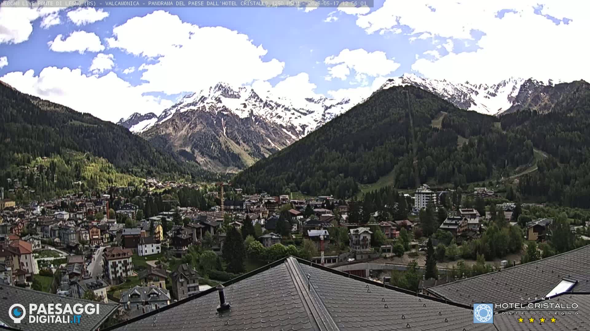 A mountain town nestled in a valley, with snow-capped mountains in the background under a partly cloudy sky.