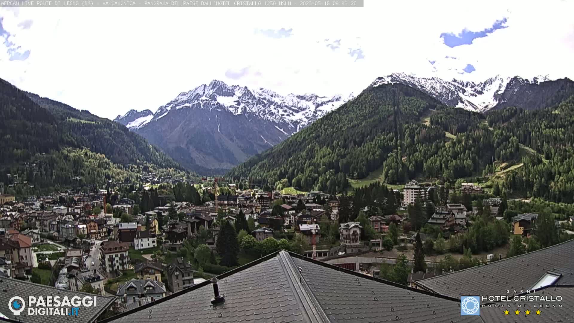 A partly cloudy day reveals a mountain town nestled in a valley below snow-capped mountains.