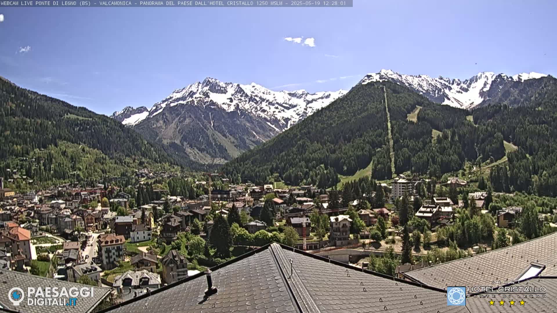 A mountain town nestled in a valley below snow-capped mountains on a sunny day.
