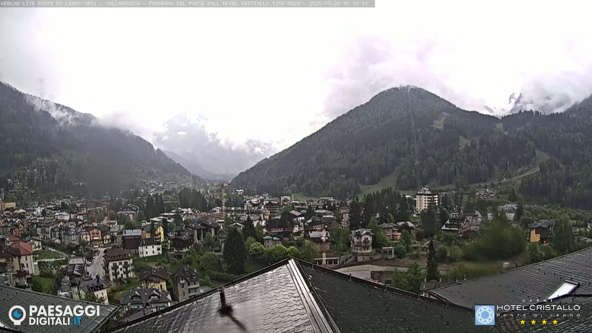 A mountain town nestled in a valley between forested mountains, under an overcast sky.
