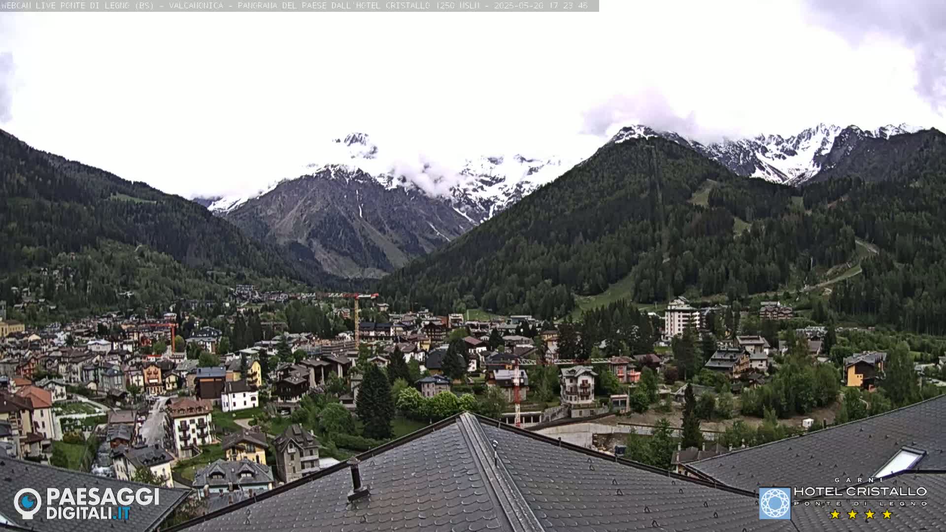 A mountain village nestled in a valley, surrounded by snow-capped mountains under a cloudy sky.