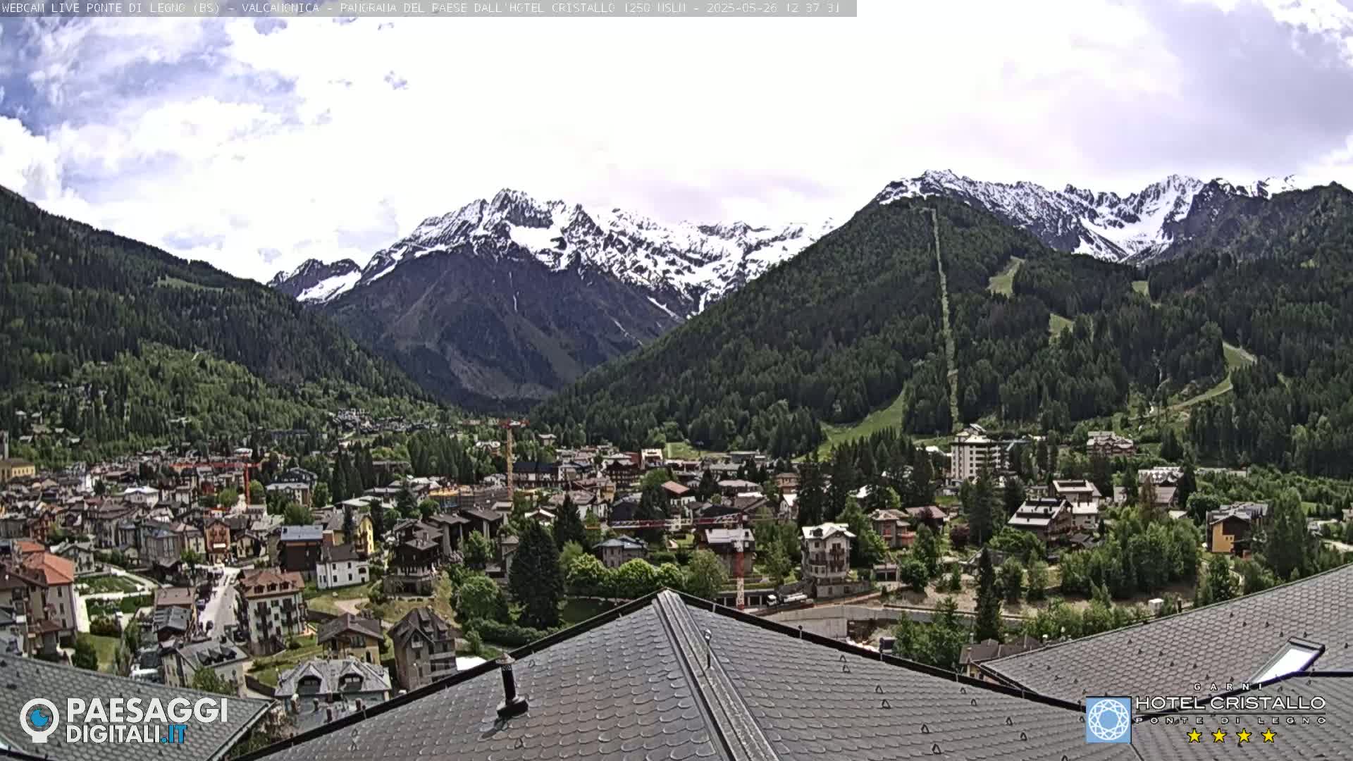 A mountain town nestled in a valley, partially snow-capped mountains in the background under a partly cloudy sky.