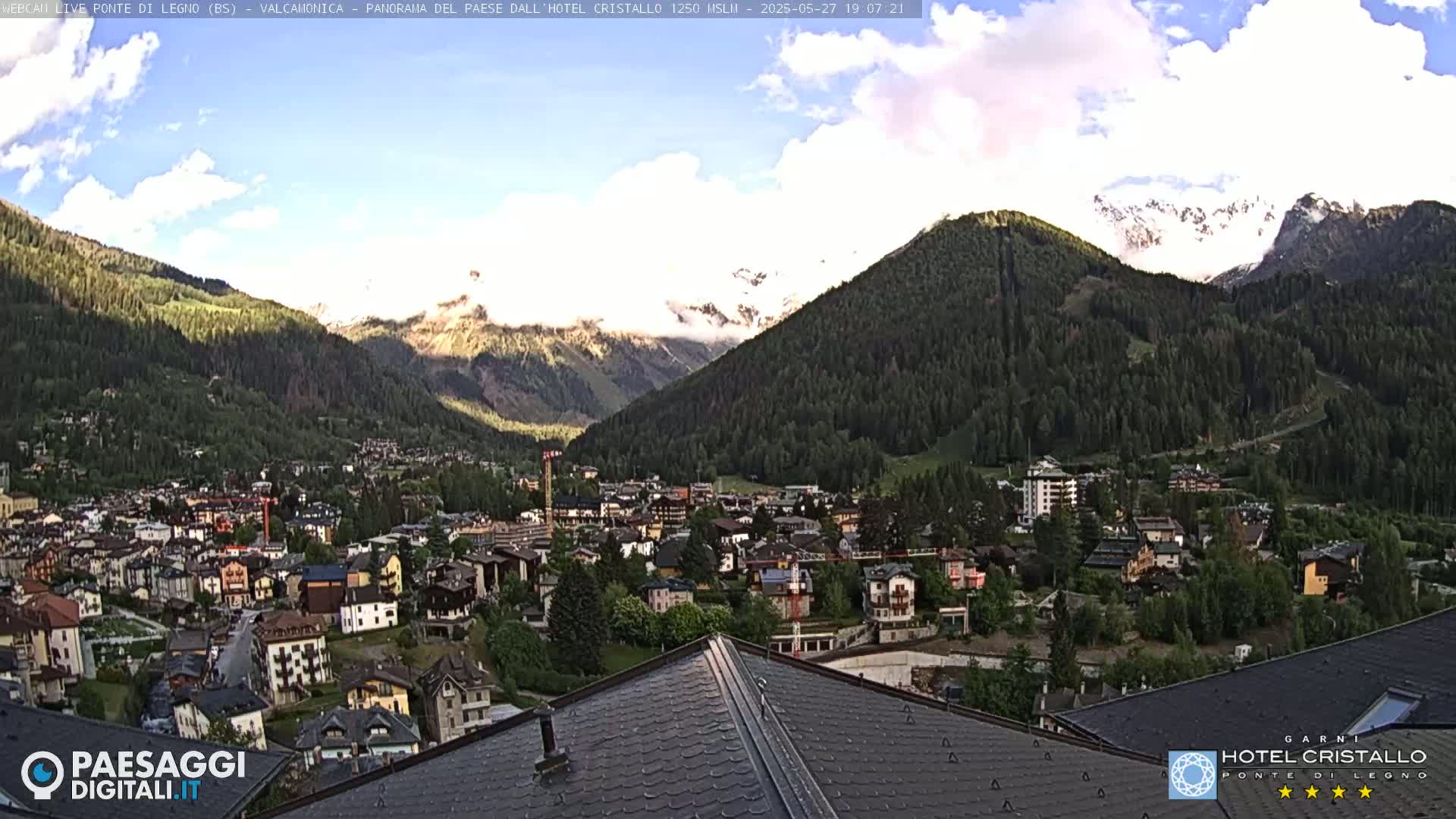 A partly cloudy day reveals a mountain town nestled in a valley between verdant hills and snow-capped peaks.