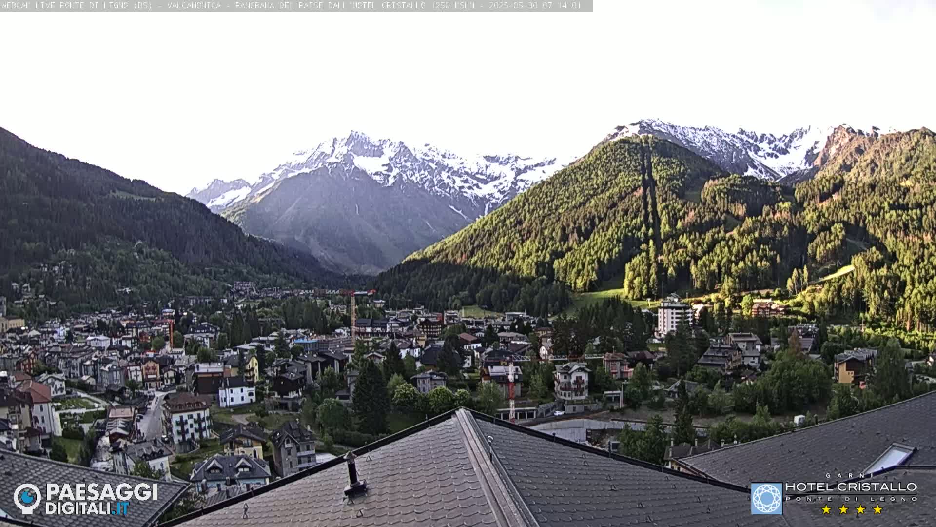 A mountain town nestled in a valley, with snow-capped mountains in the background under a mostly clear sky.