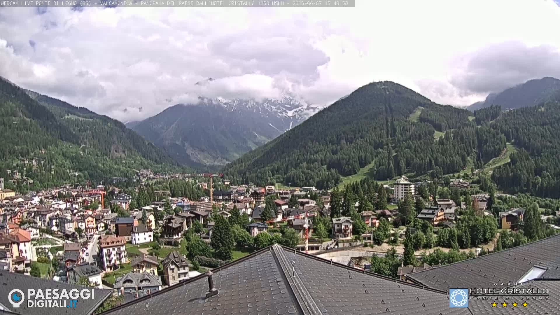 A partly cloudy mountain town nestled in a valley, with snow-capped mountains in the background.