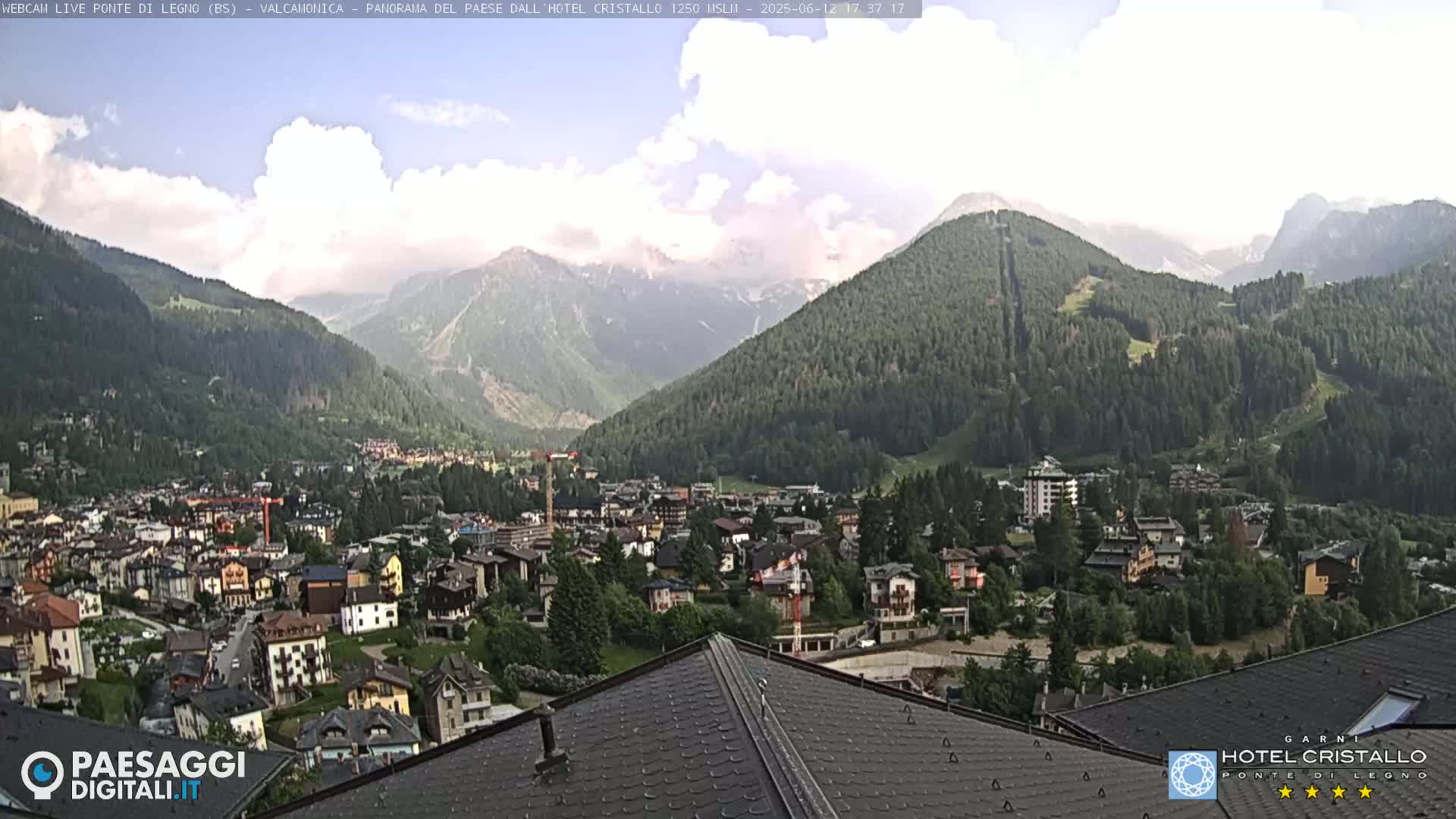 A partly cloudy day reveals a mountain town nestled in a valley between verdant, forested slopes and snow-capped peaks.
