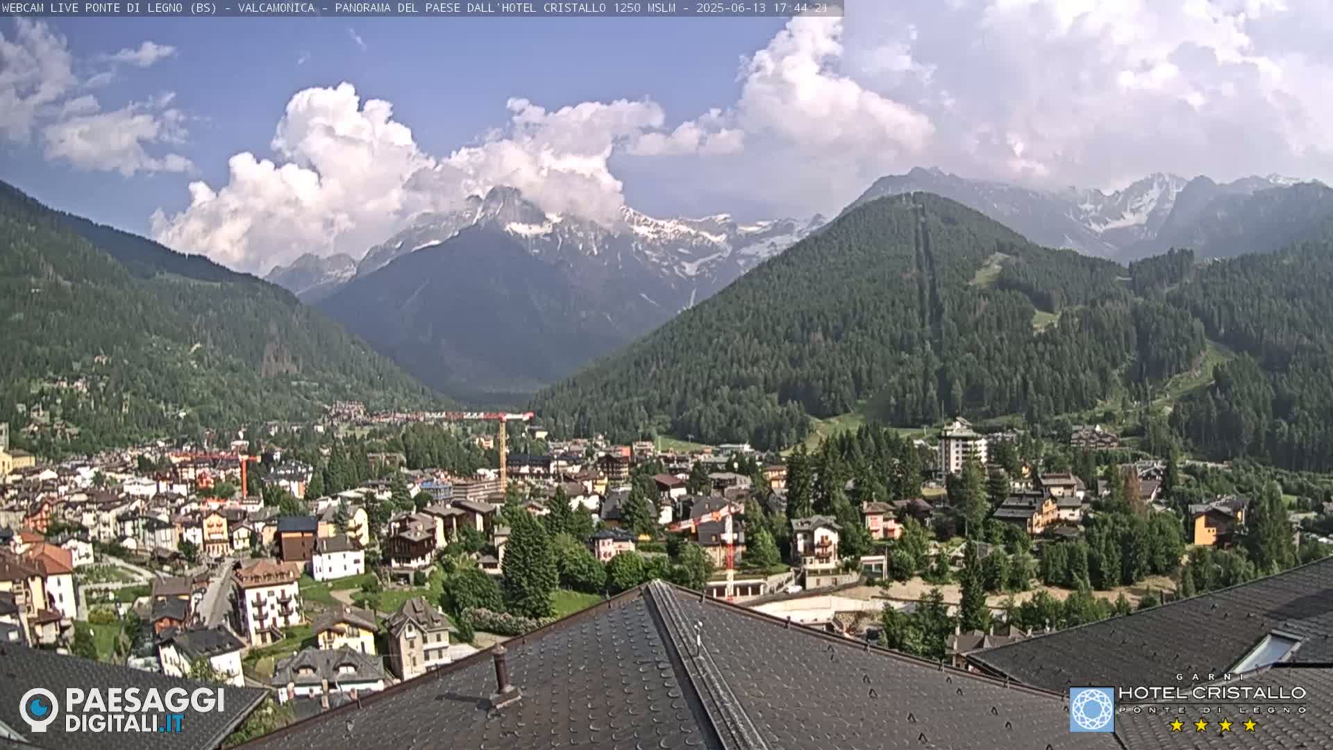 A partly cloudy day reveals a mountainous landscape with a town nestled in a valley below, viewed from a rooftop.