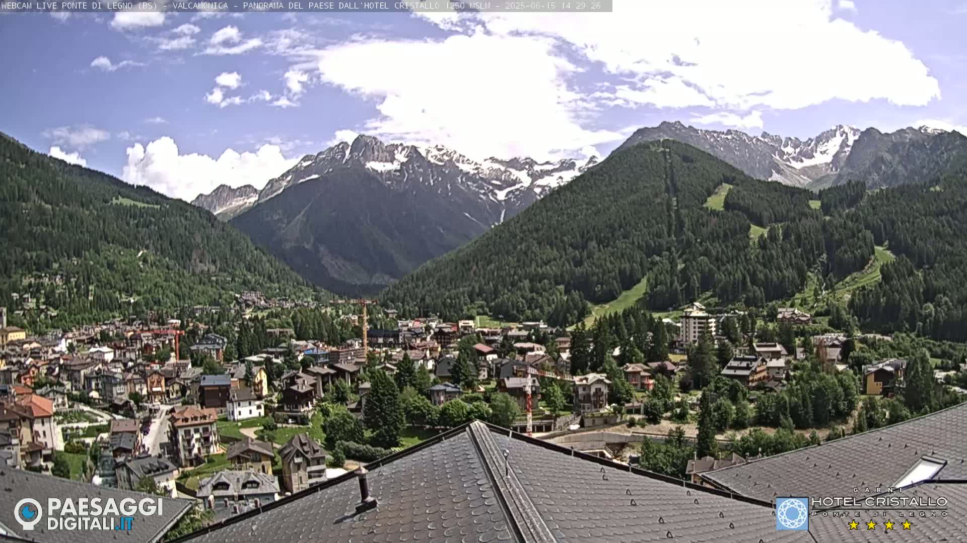 A mountain town nestled in a valley, under a partly cloudy sky, with snow-capped mountains in the background.