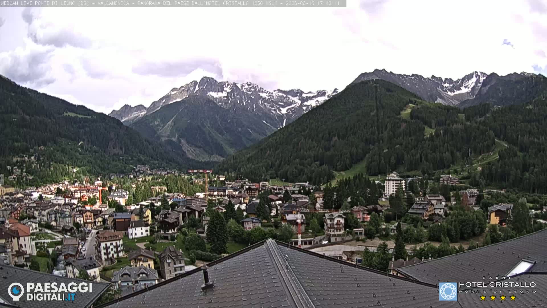 A mountain town nestled in a valley, with snow-capped mountains in the background under a partly cloudy sky.