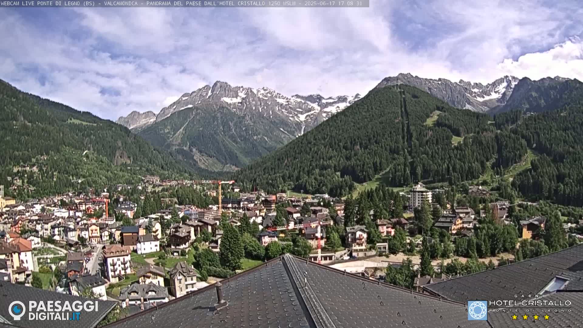 A mountain town nestled in a valley, surrounded by snow-capped mountains under a partly cloudy sky.