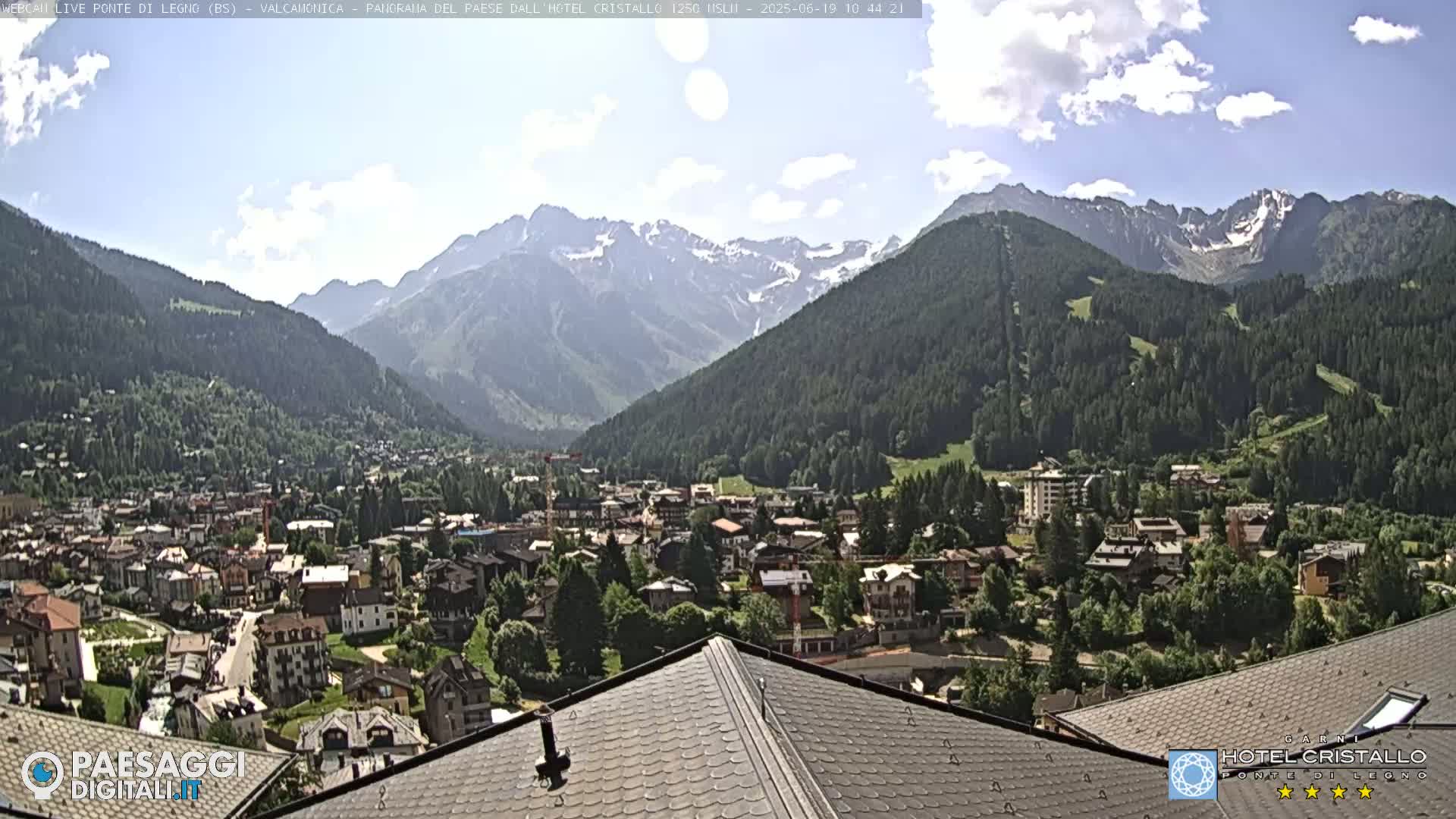 A mountain village nestled in a valley under a partly sunny sky, with snow-capped mountains in the background.