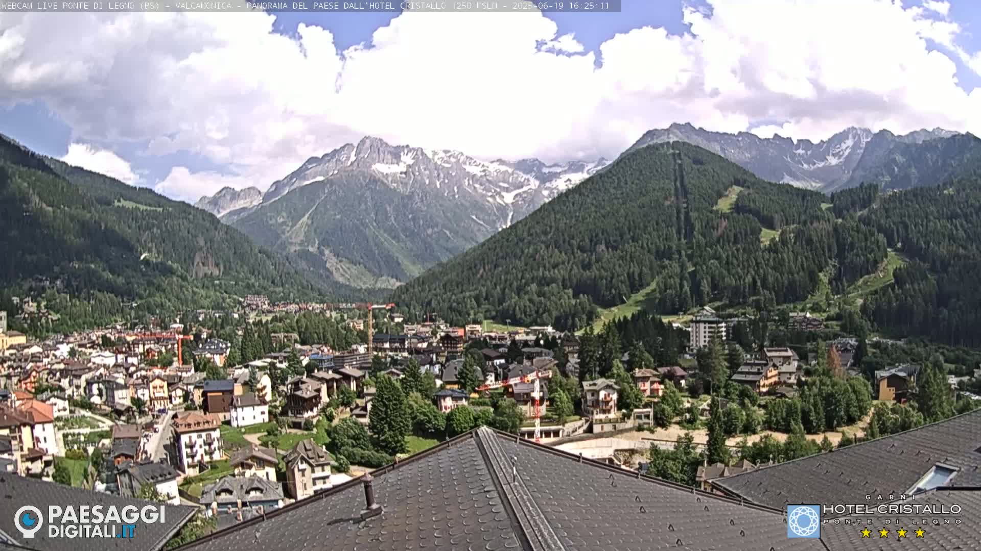 A partly cloudy day reveals a mountain town nestled in a valley, surrounded by lush green hills and snow-capped mountains in the distance.