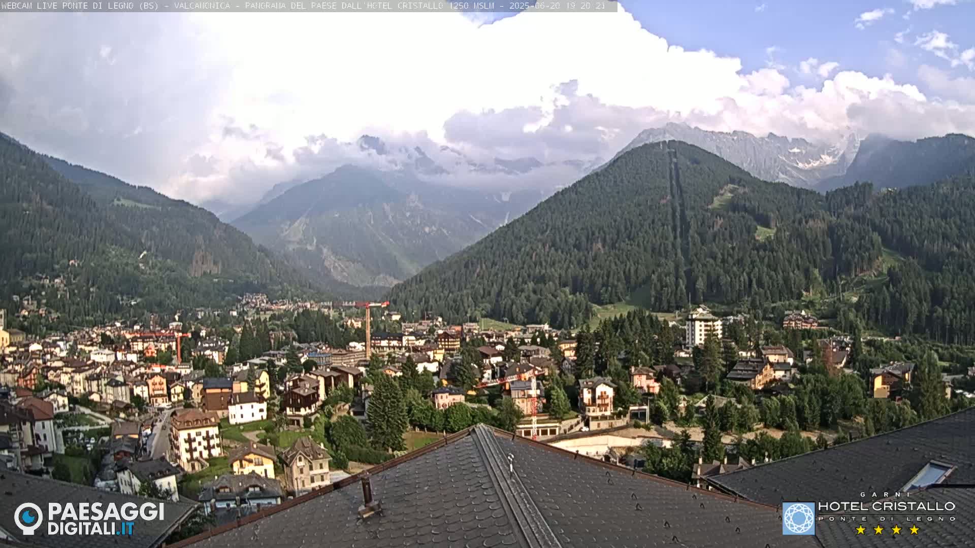 A partly cloudy day reveals a mountain village nestled in a valley surrounded by lush green forests and snow-capped mountains in the distance.