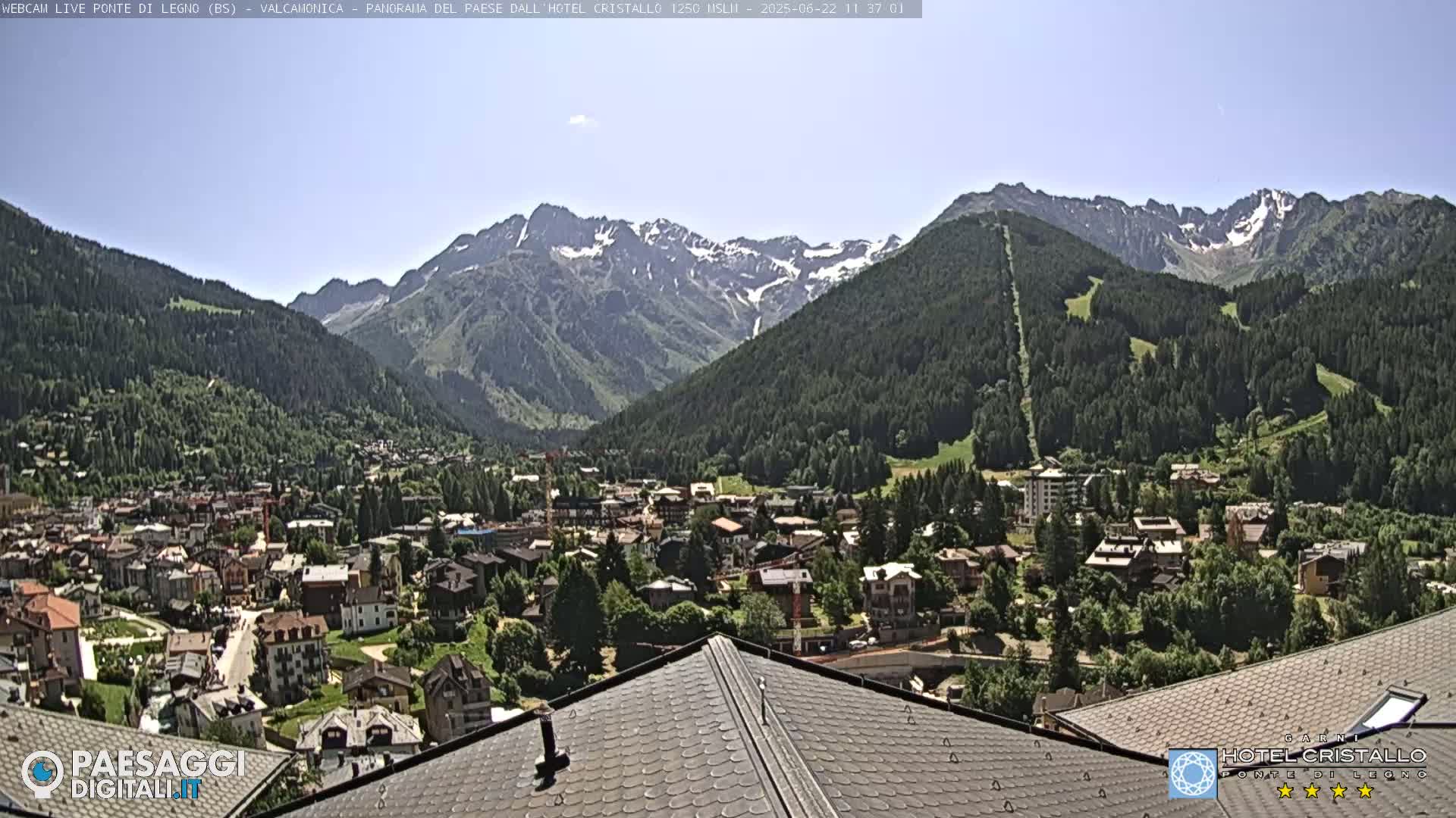 A mountain village nestled in a valley, surrounded by snow-capped mountains under a clear blue sky.