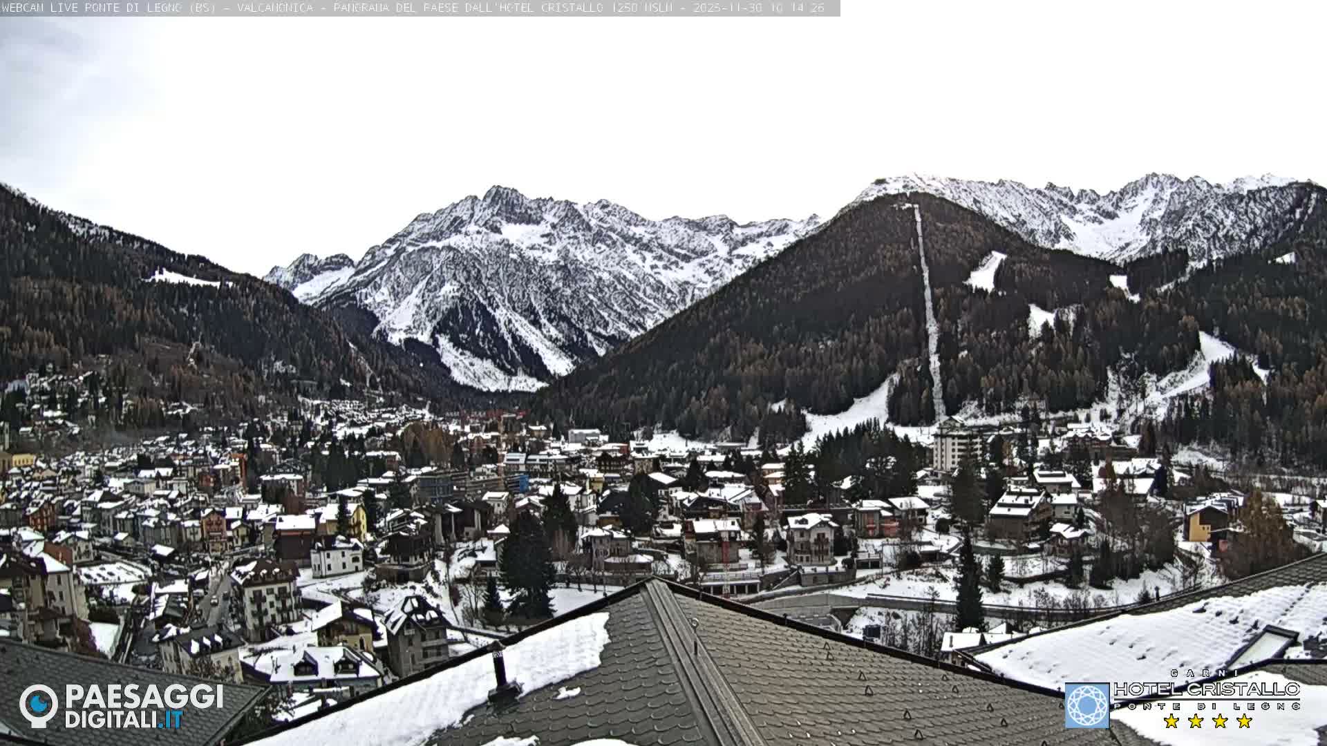 The image depicts a snow-covered alpine town nestled in a valley, surrounded by majestic, snow-capped mountains with visible ski slopes under an overcast winter sky.