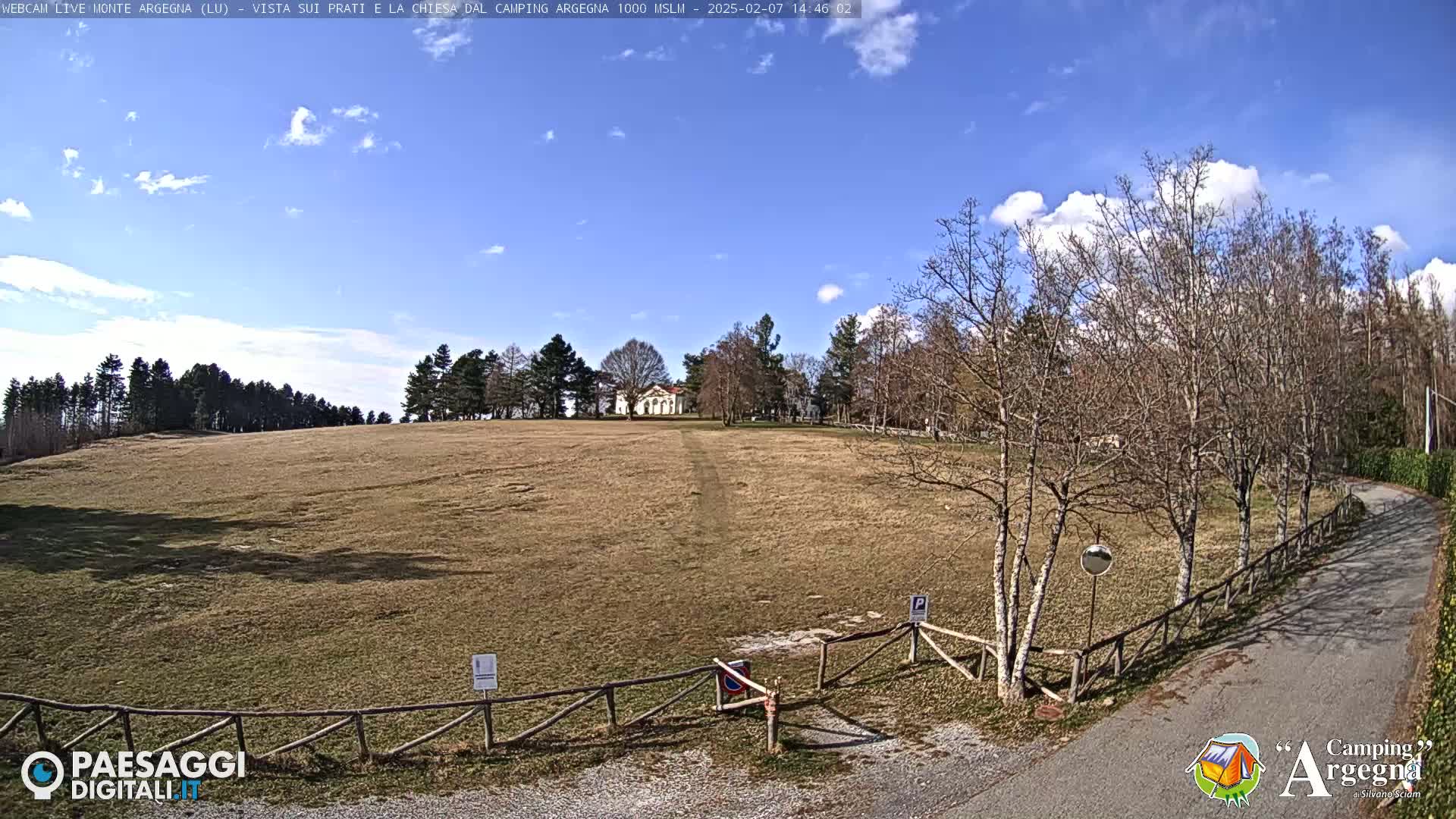 A wide, grassy field slopes gently down to a road lined with bare trees under a mostly sunny sky with some scattered clouds.
