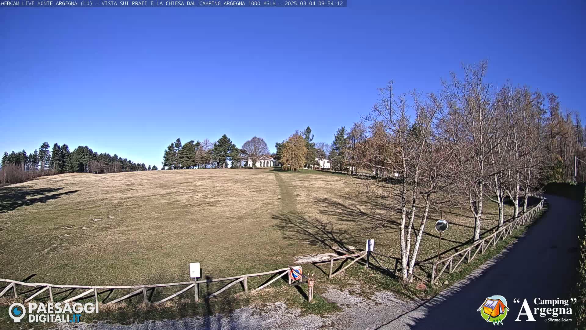A wide, grassy field stretches toward a small building and a line of trees under a clear blue sky.