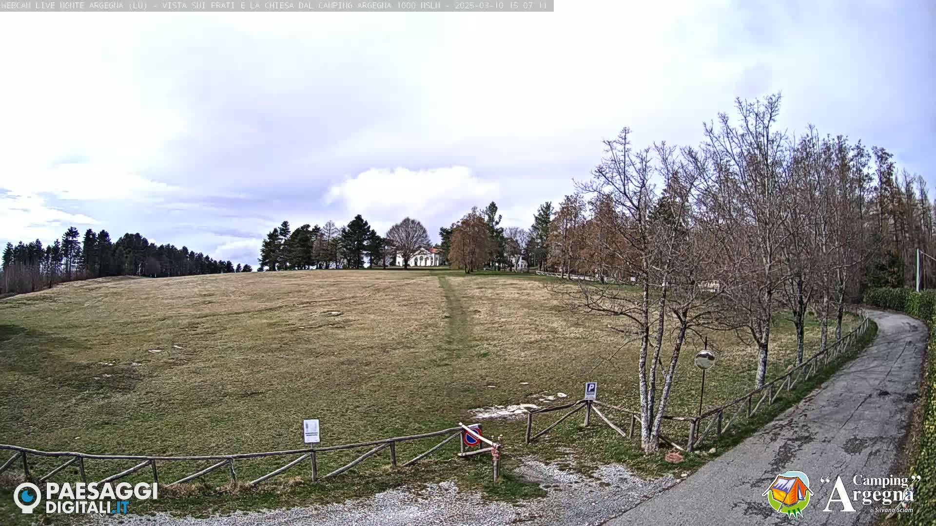 A grassy field with bare trees and a building in the distance under a mostly cloudy sky.