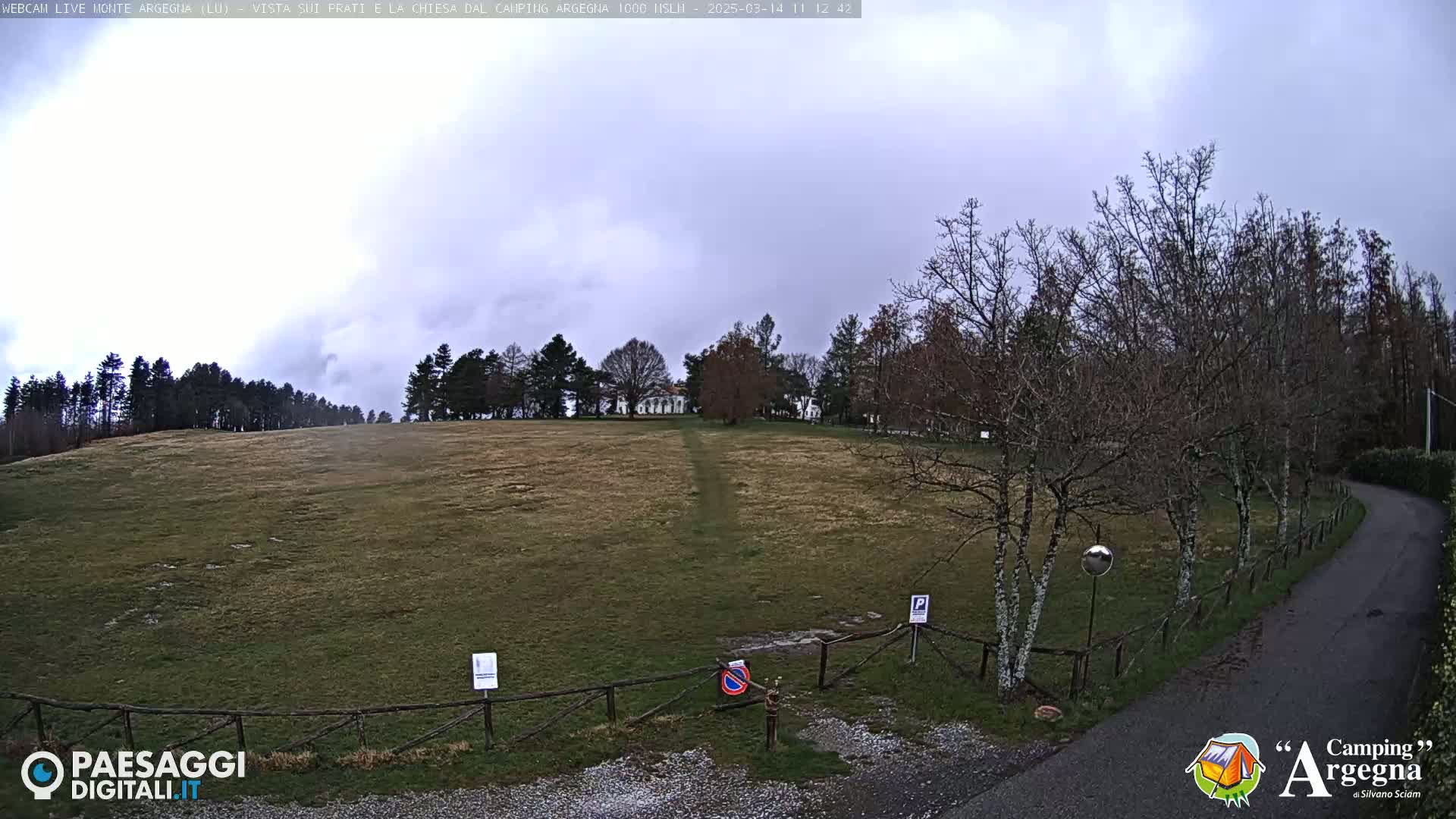 A mostly cloudy day reveals a grassy field leading to a line of trees and buildings beyond a wooden fence and a paved road.