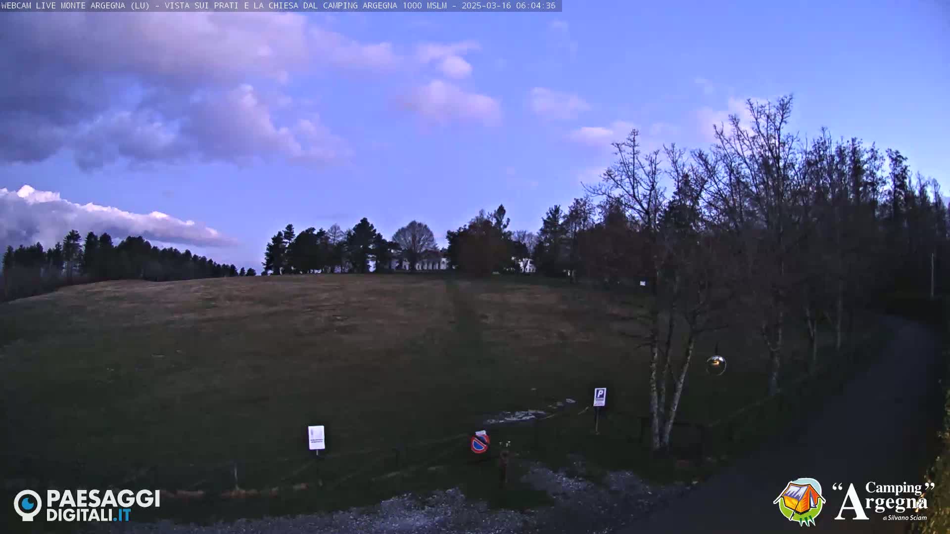 A mostly clear twilight sky with a few clouds hangs over a grassy field, bordered by leafless trees, and a paved area with parking signs.
