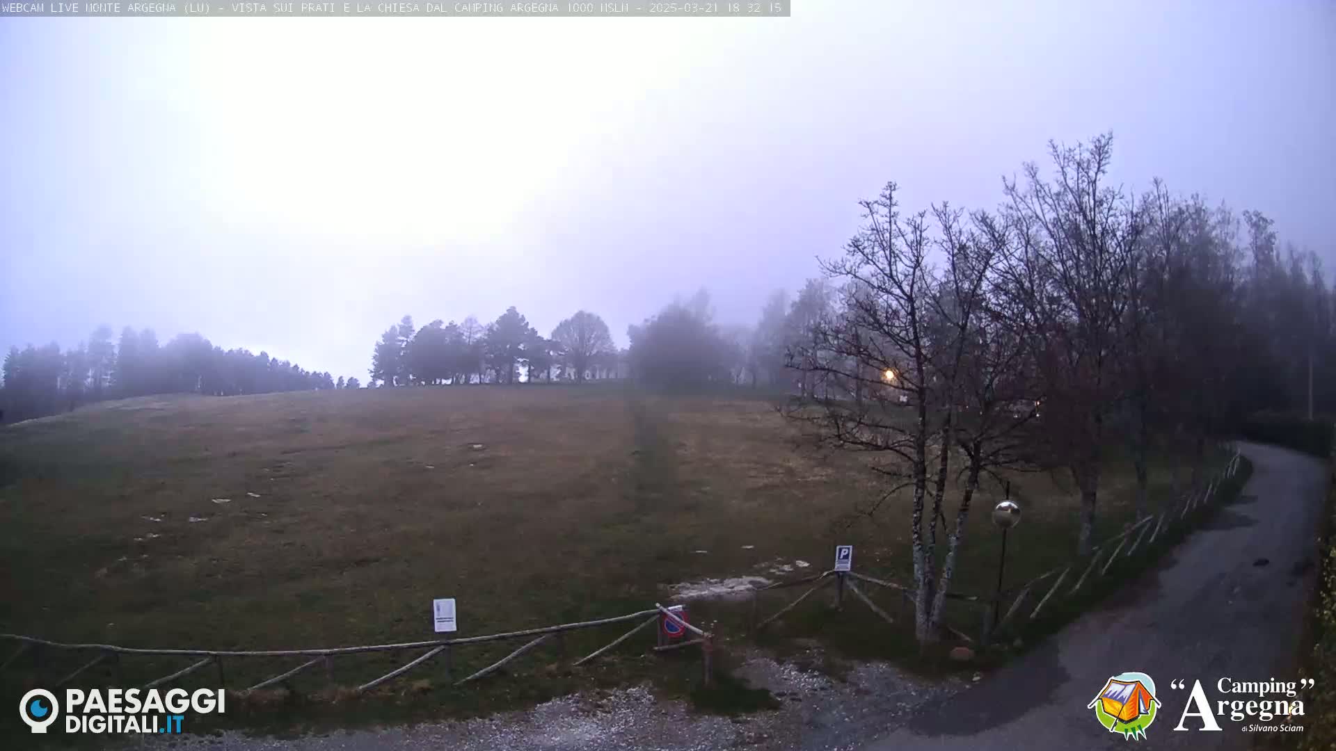 A foggy, overcast day reveals a grassy field bordered by a wooden fence, bare trees, and a paved road curving through the landscape.
