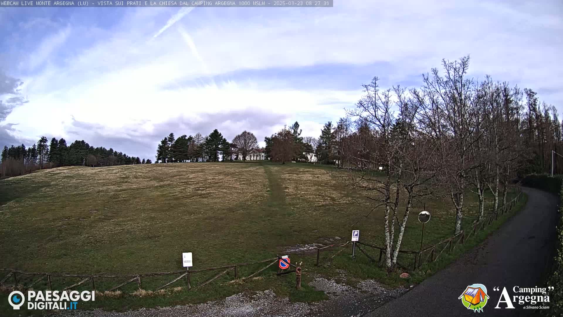 A grassy field with leafless trees and a paved road leads to a building in the distance under a partly cloudy sky.