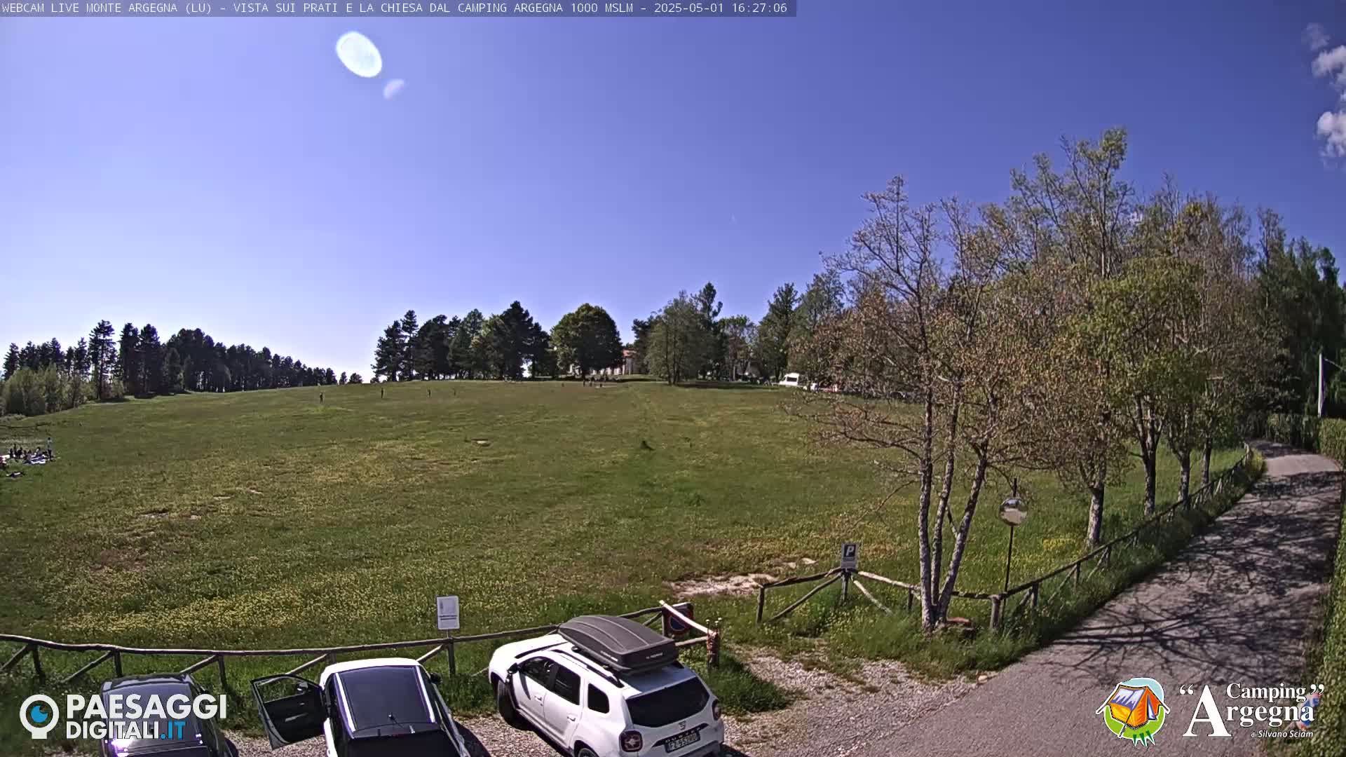 A grassy field with a few trees and parked cars is visible under a mostly clear blue sky.