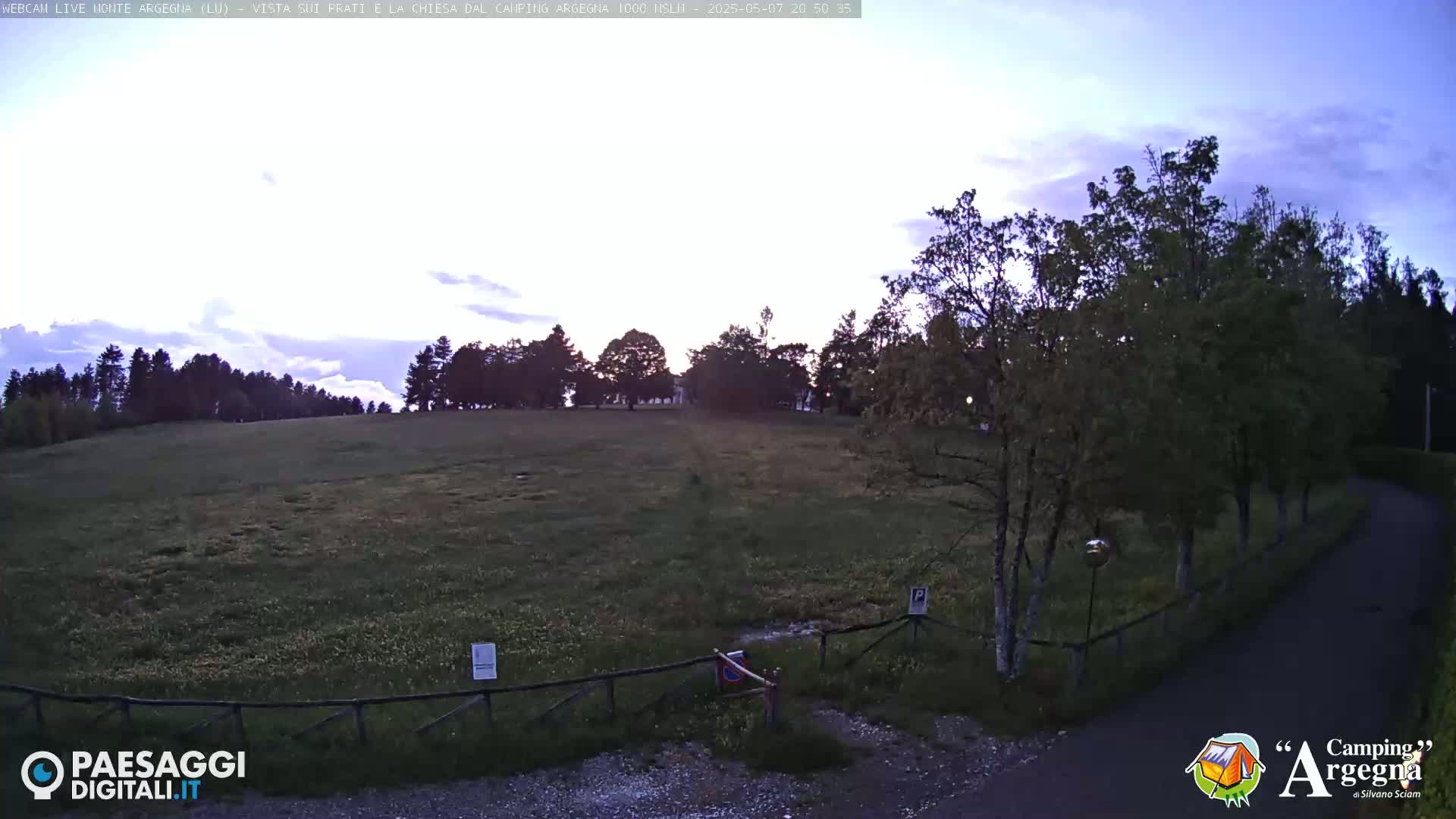A grassy field with trees and a paved road is visible under a twilight sky with some clouds.