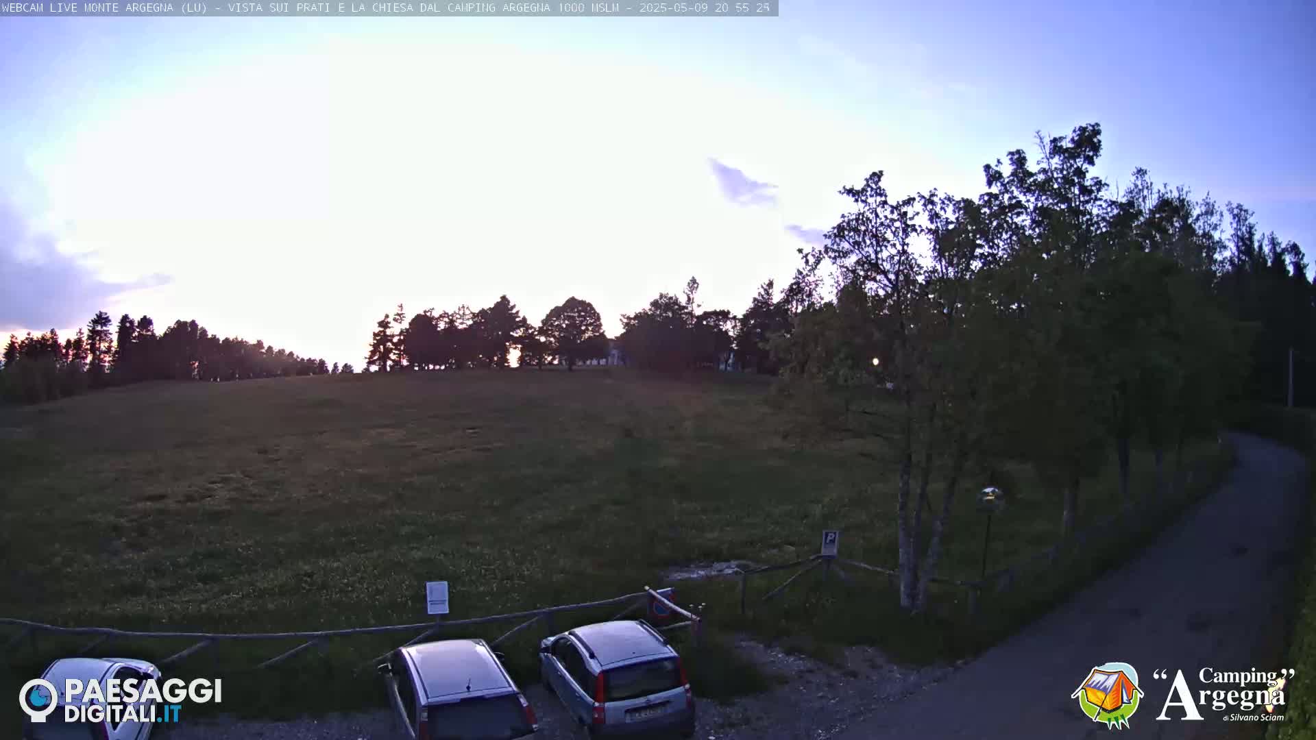 Two cars are parked in a lot near a grassy field bordered by trees, under a twilight sky.