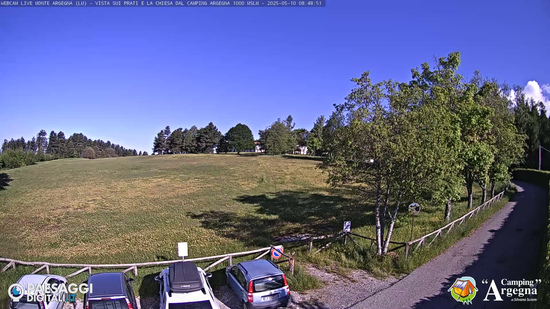 A grassy field with a few cars parked near a tree-lined road under a clear blue sky.
