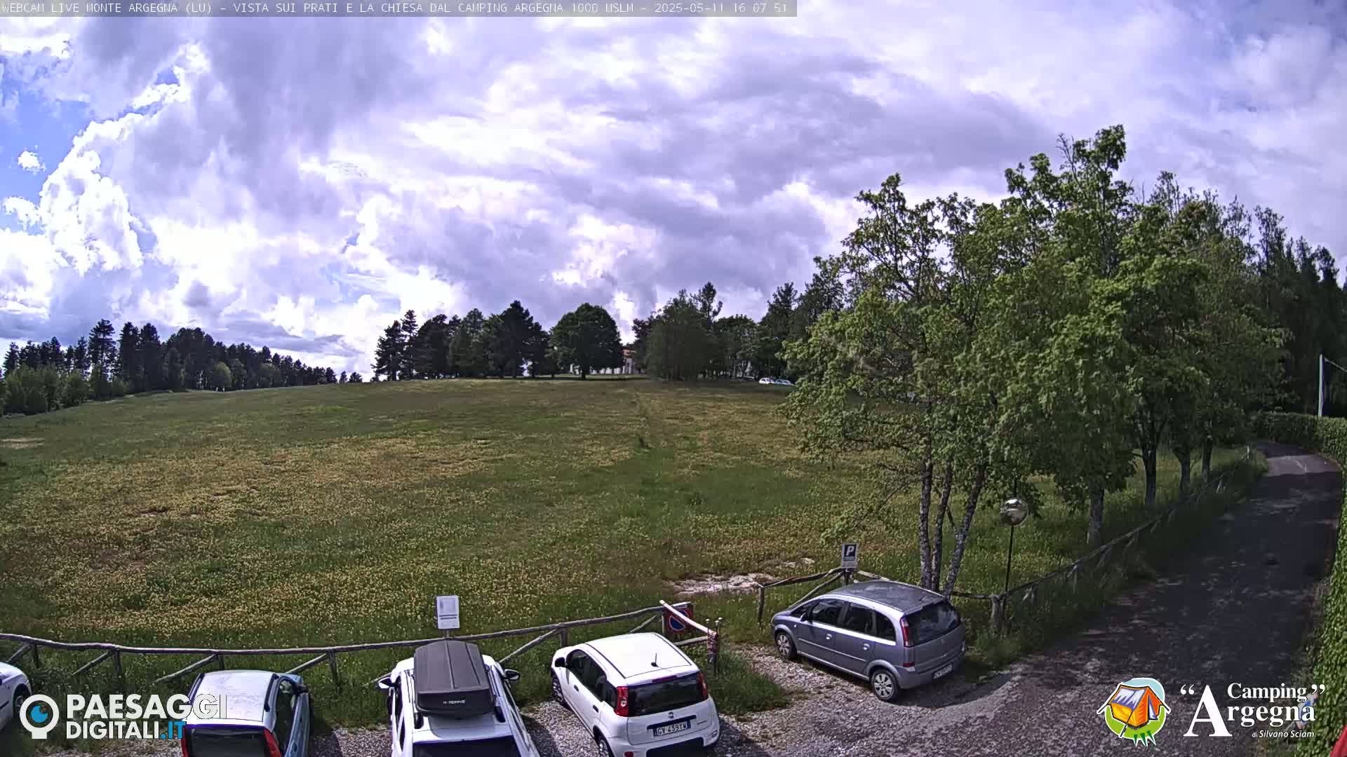 A partly cloudy sky overlooks a grassy field with several cars parked in a lot near a tree line.