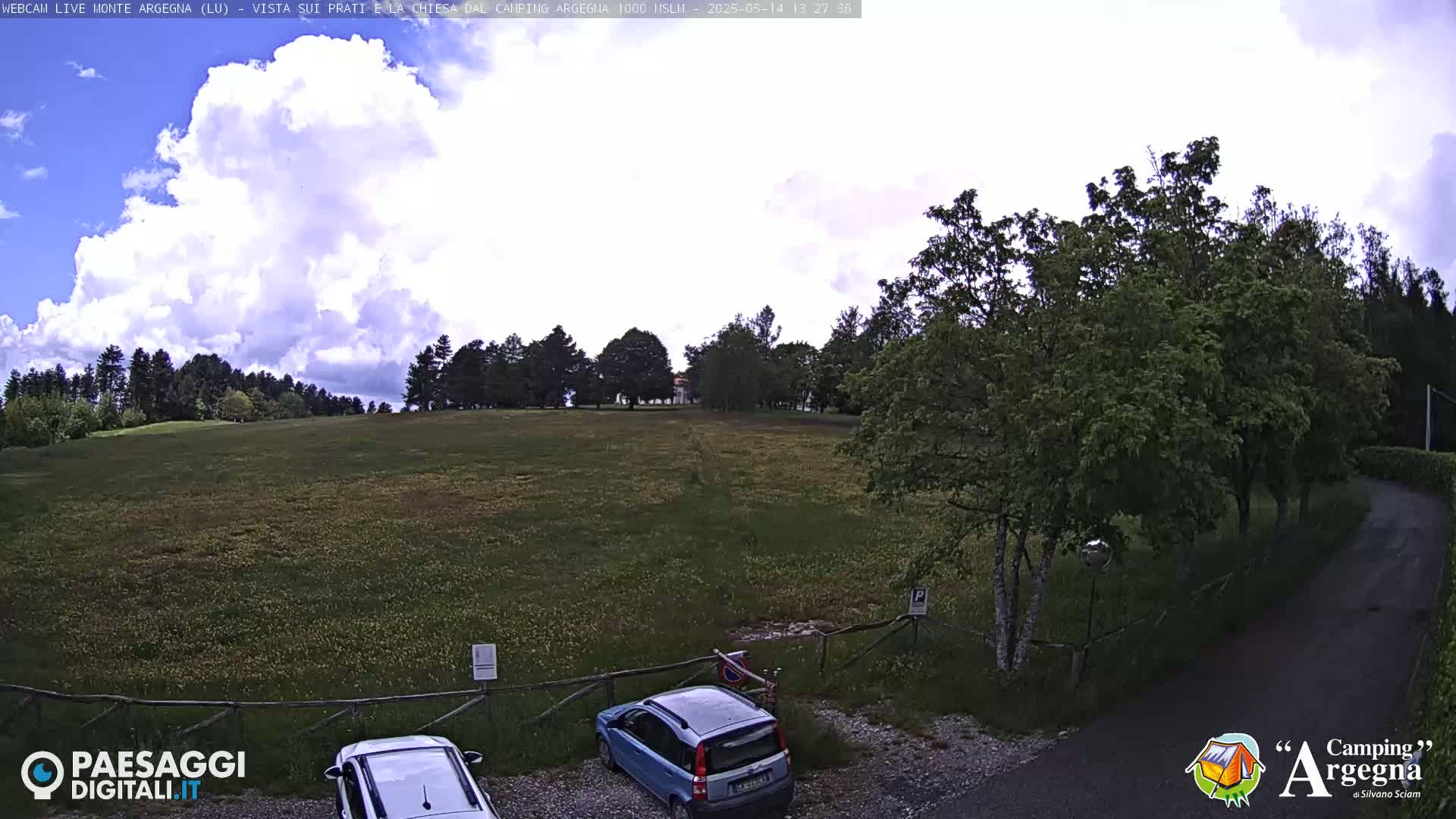A partly cloudy sky overlooks a grassy field with a few trees and parked cars near a roadway.