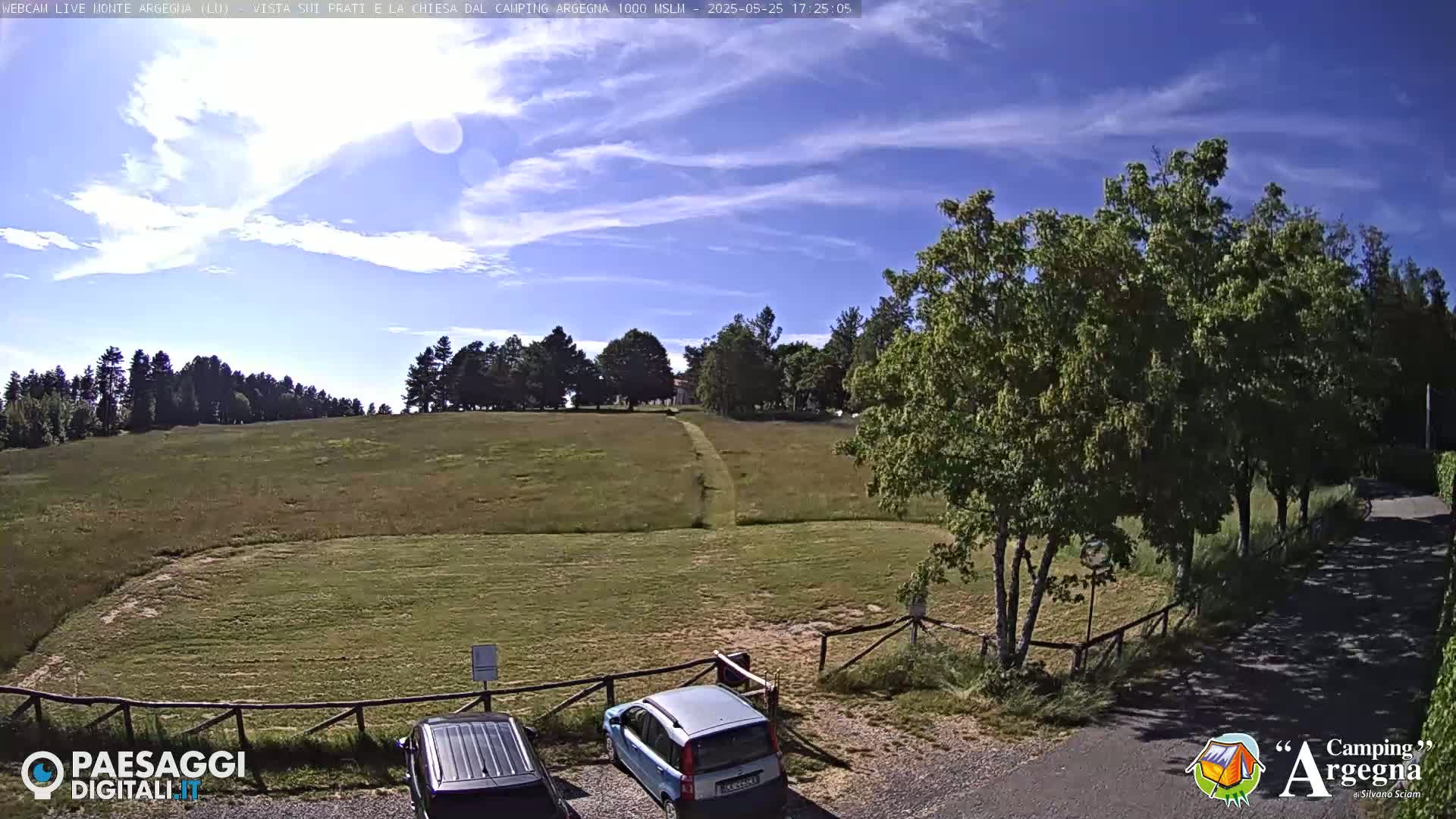 A grassy field with a dirt path leading to a line of trees under a mostly sunny sky is viewed from a parking area with two cars.