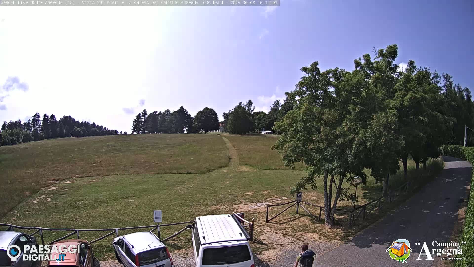 A grassy field slopes gently upward toward a line of trees under a mostly sunny sky, with two cars parked near a wooden fence and a person walking in the foreground.