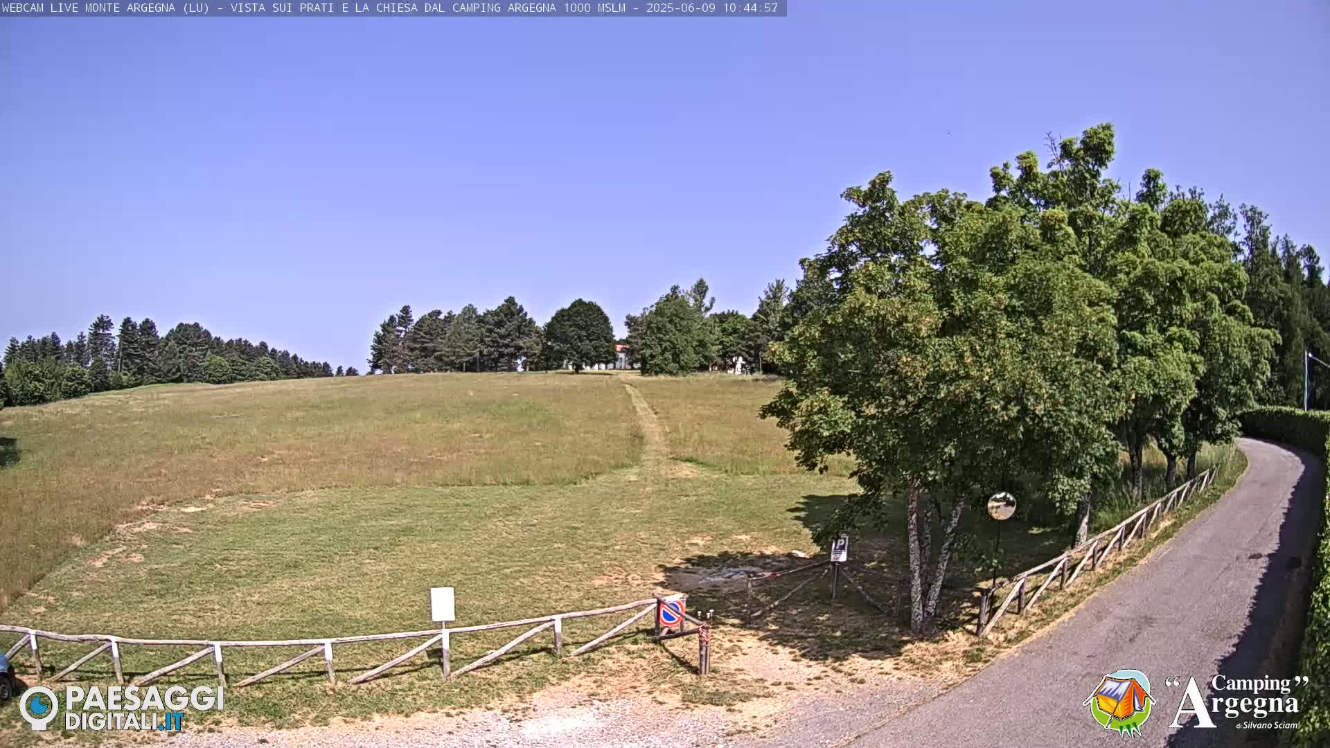 A grassy field with a dirt path leading to a line of trees and buildings under a clear blue sky.