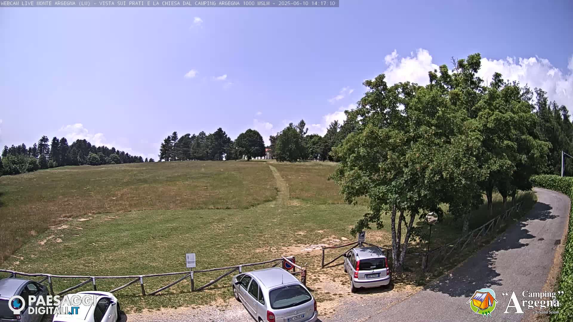 A grassy field with a few cars parked near some trees under a mostly sunny sky.