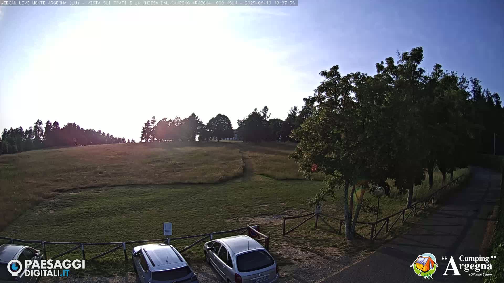A grassy field with trees and two cars parked near a wooden fence under a mostly clear sky.