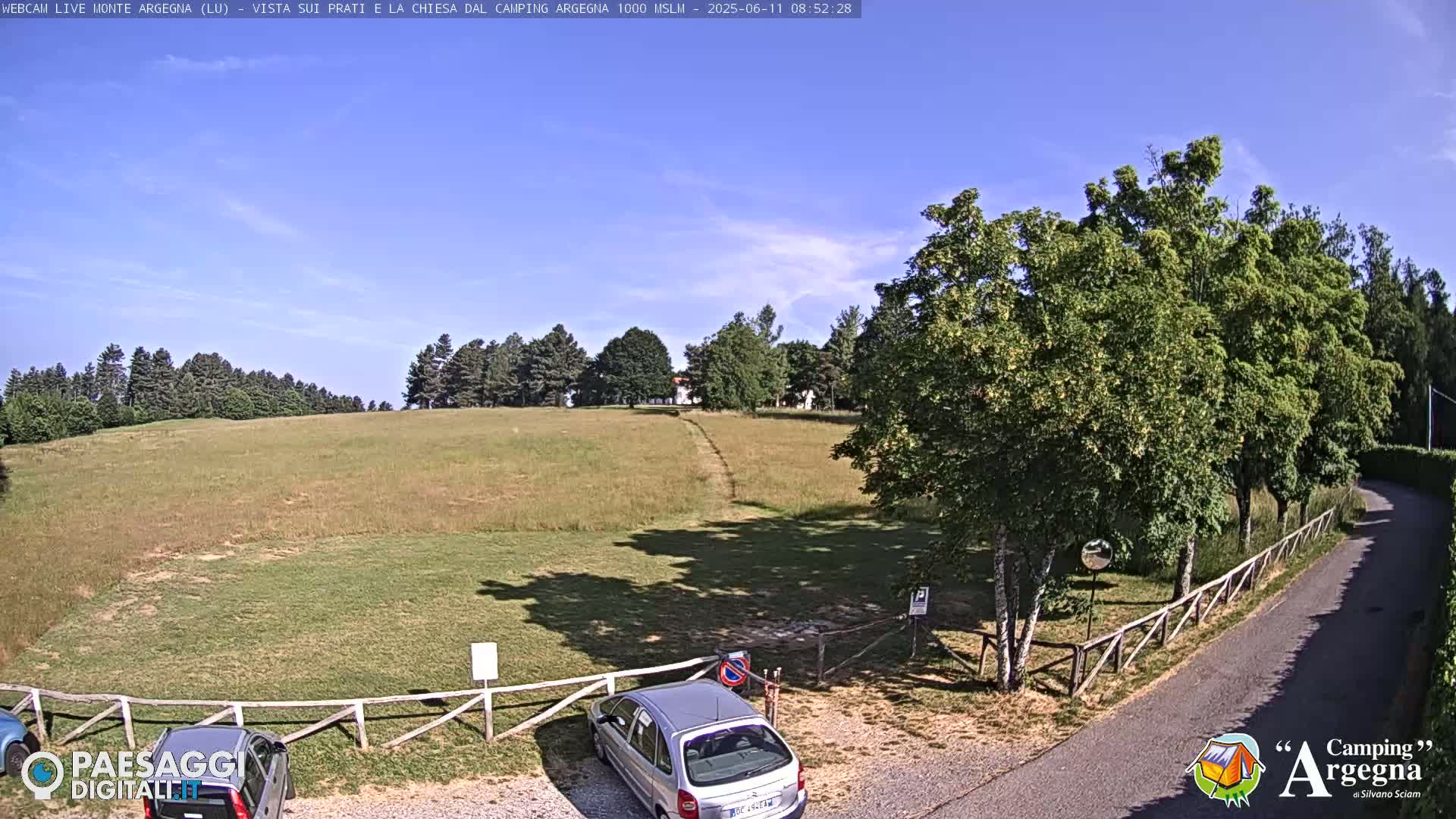 A sunny day reveals a grassy field bordered by trees and a wooden fence, with a car parked near a roadway leading to the scene.