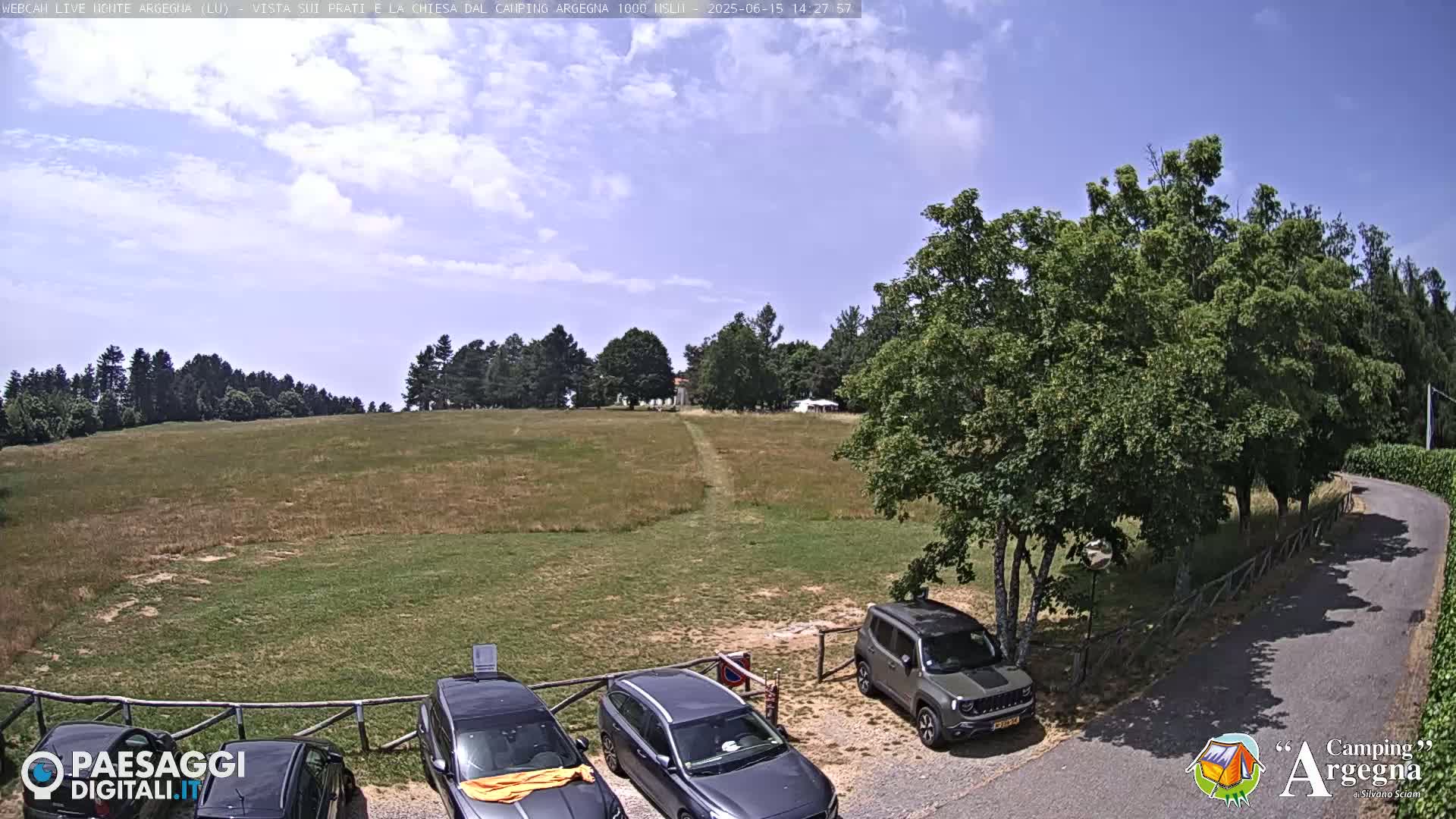 A grassy field with a few trees and a building in the distance is visible under a partly cloudy sky; several cars are parked in a lot in the foreground.