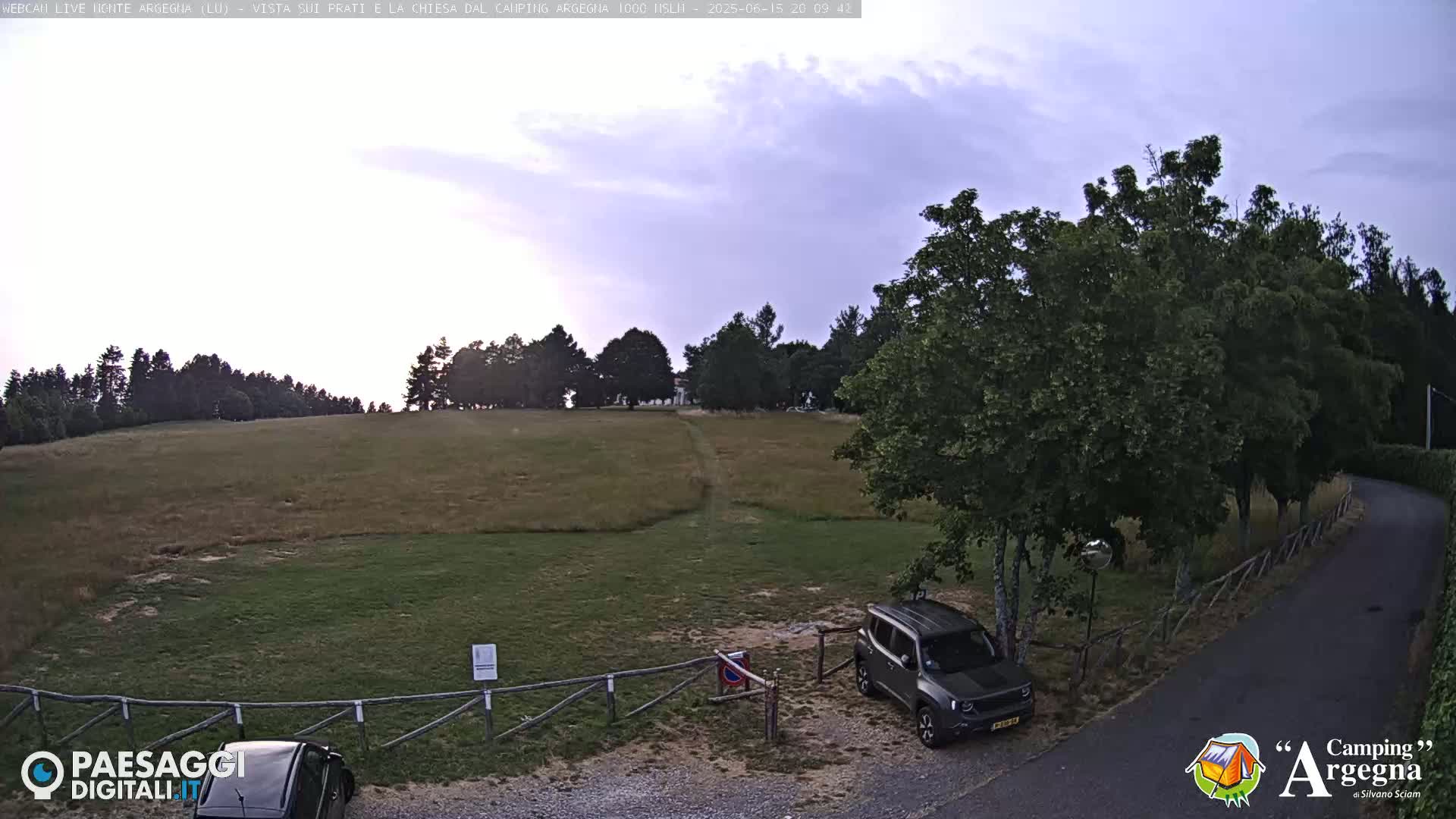 A grassy field with a few trees and a dark-colored SUV parked near a wooden fence, under a partly cloudy sky.