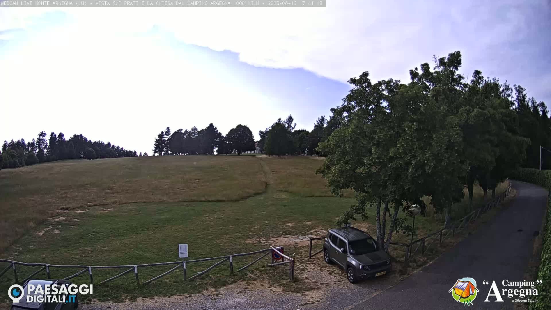 A dark-colored SUV is parked near a wooden fence in a grassy area, with trees and a partly cloudy sky in the background.