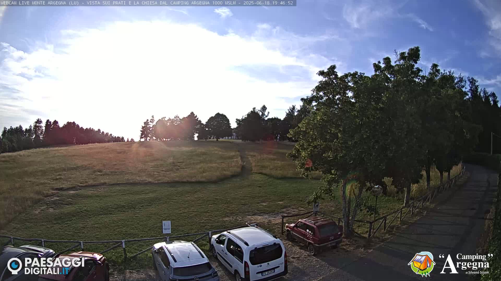 A mostly sunny, partly cloudy outdoor scene shows a grassy field with several cars parked near a tree-lined road.